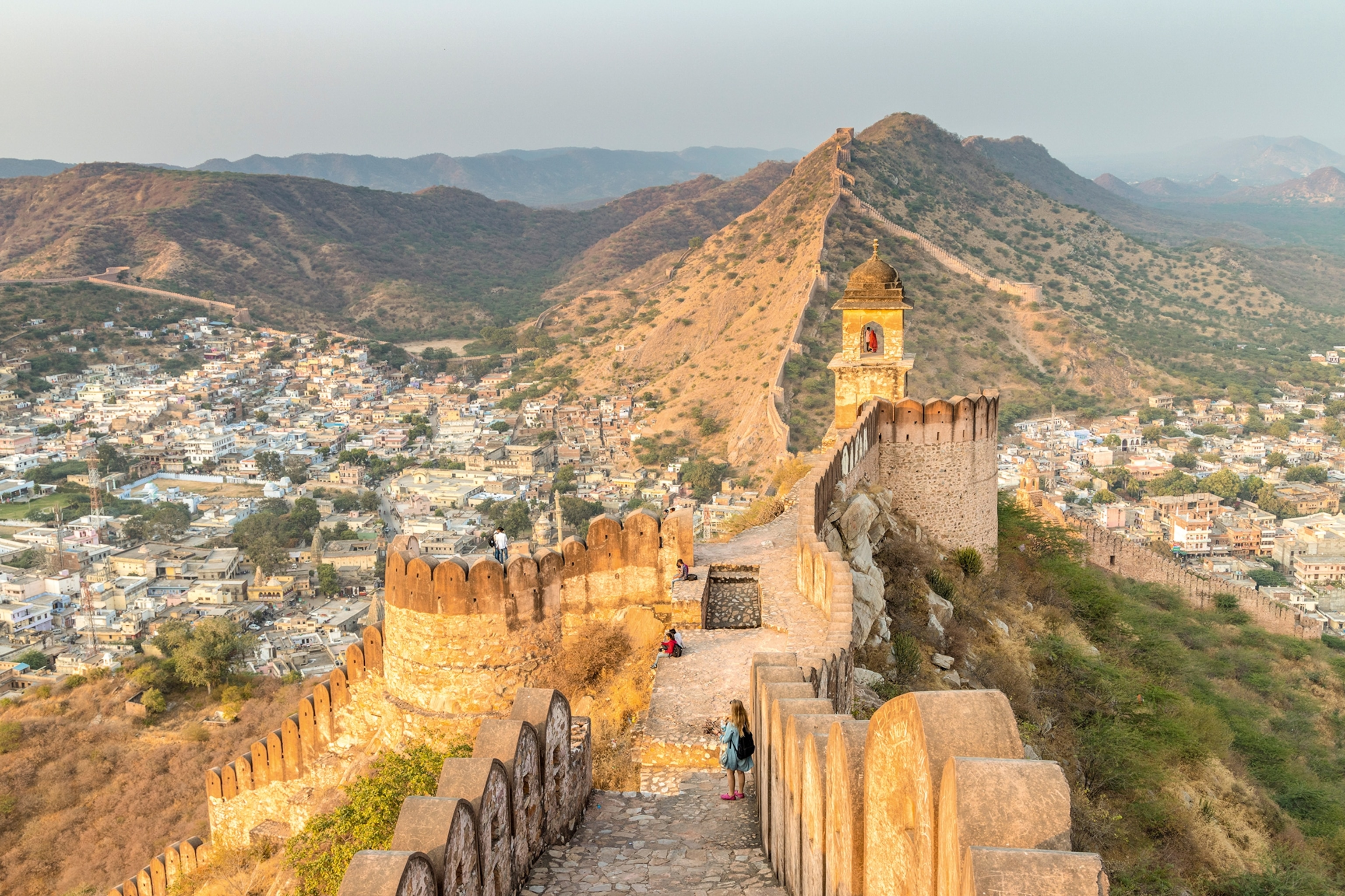 Wall fortifications near Jaipur's Amber Fort, overlooking the valley.