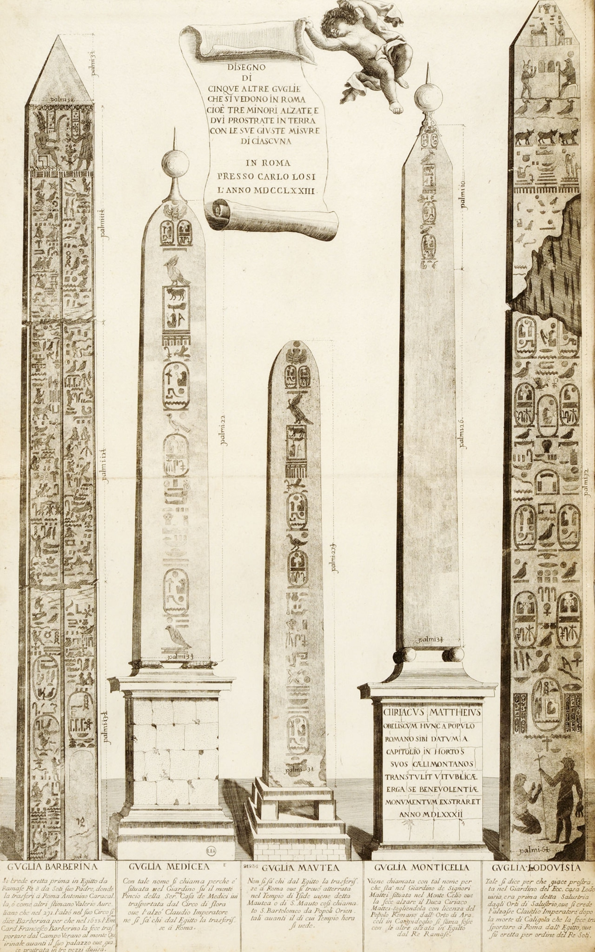 Five of the 13 Egyptian obelisks in Rome are depicted in an 18th-century illustration