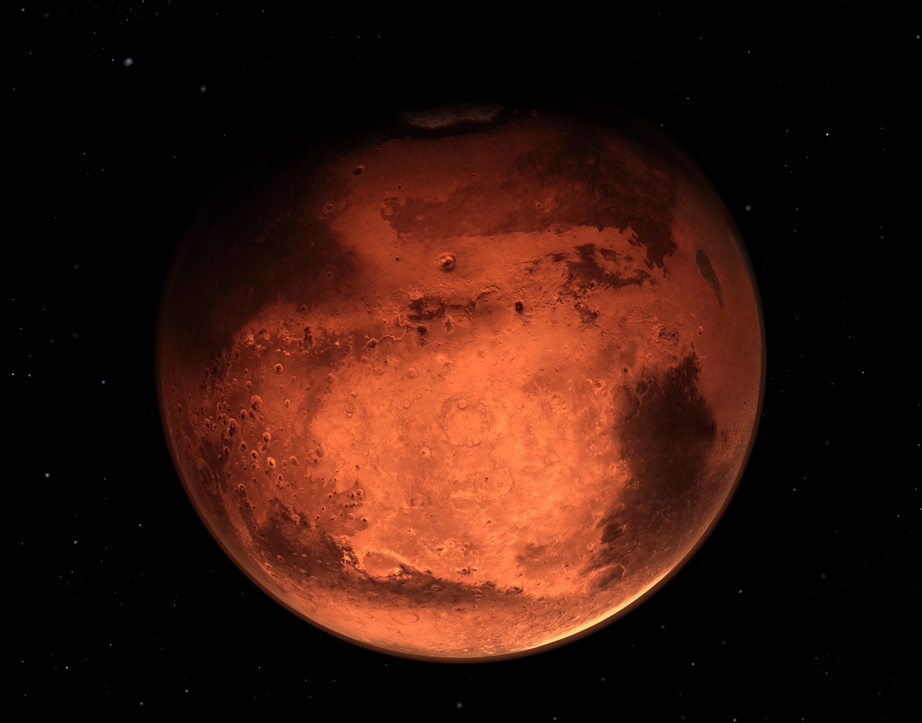 A depiction of the planet Mars, a shadowy round red orb surrounded by the blackness of outer space dotted by tiny stars.