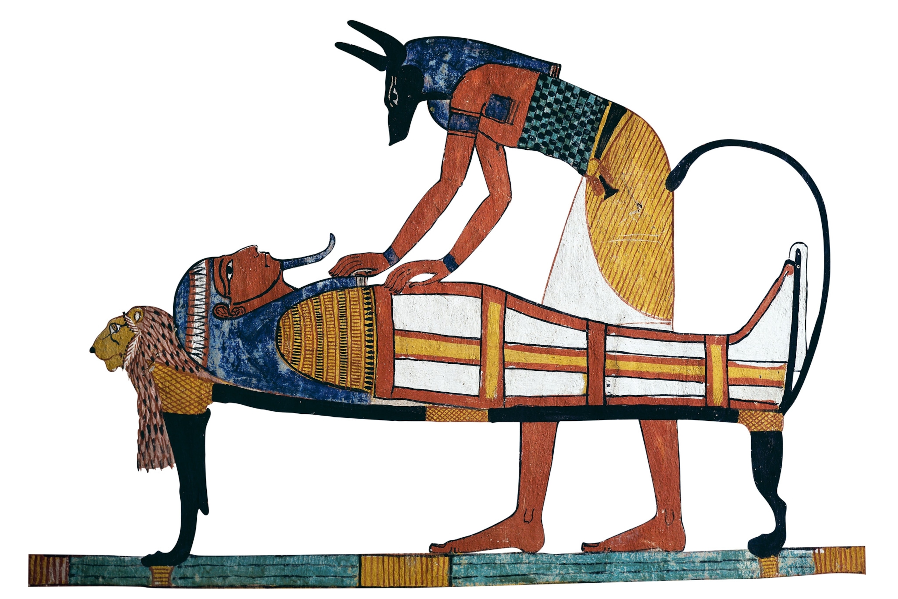 a depiction of Anubis at work embalming