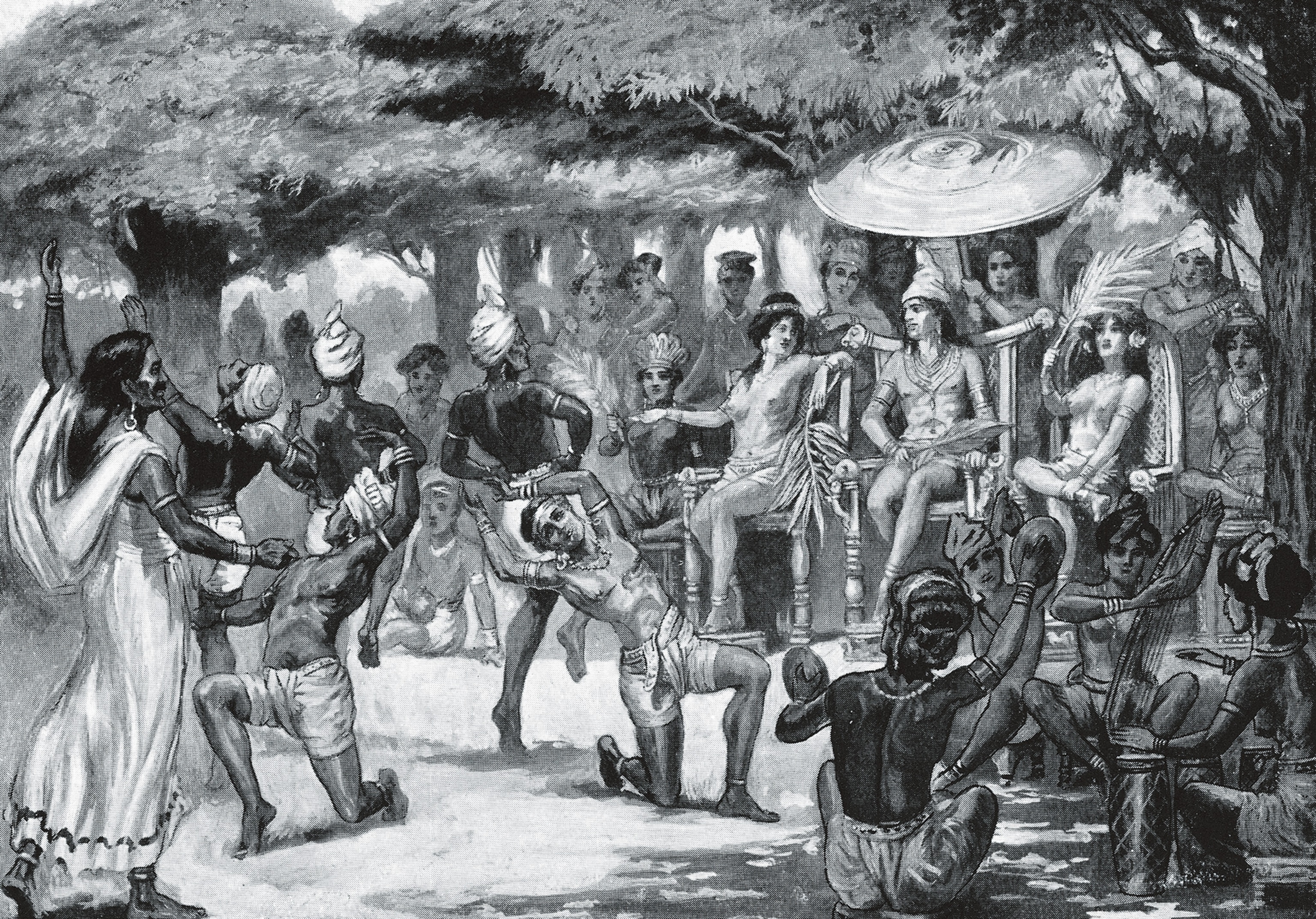 Chandragupta Maurya entertains his bride from Babylon in a lithograph.