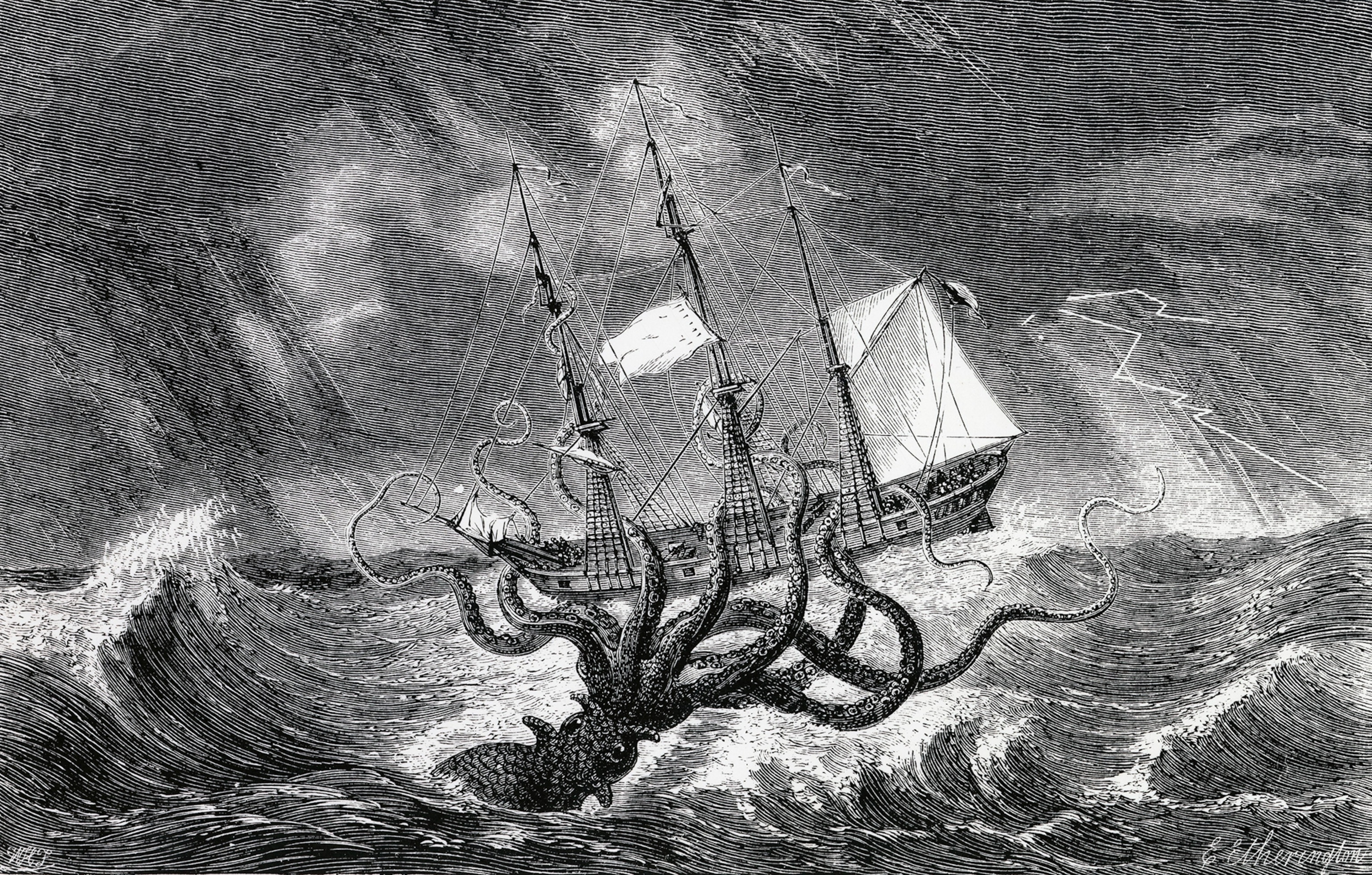 a woodcut depicting giant squid attacking boat