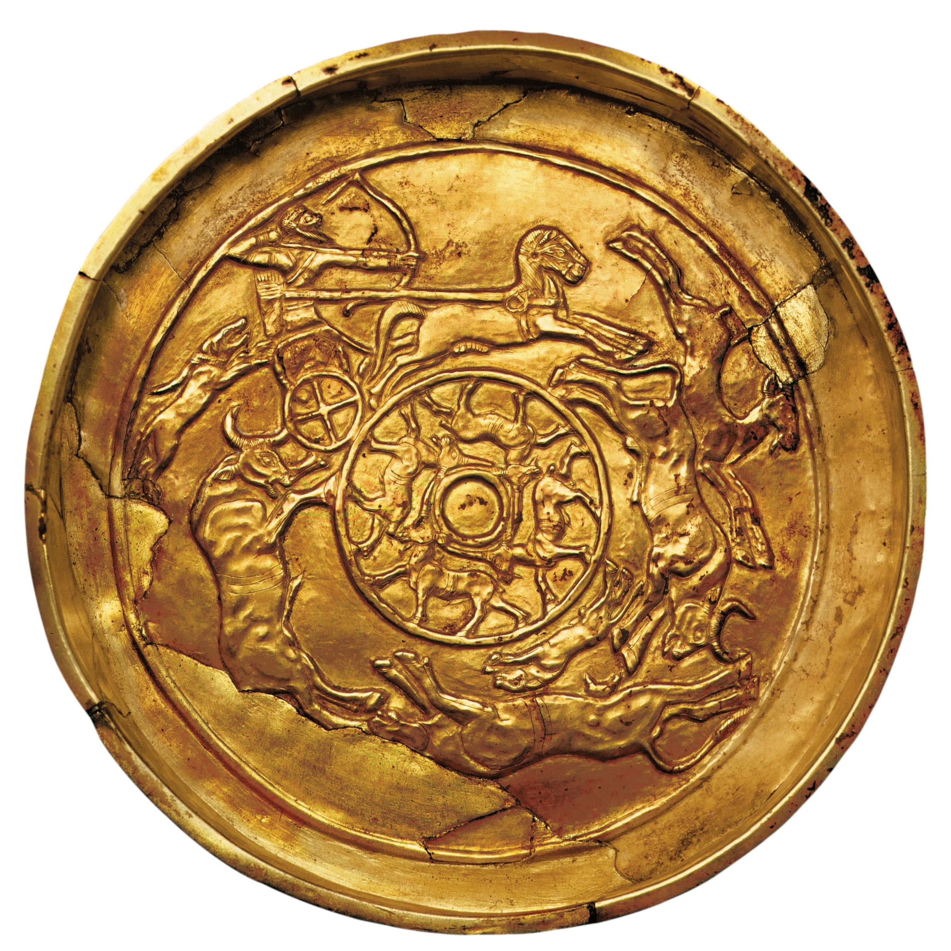 a gold plate with a carving of a man hunting from a chariot on it
