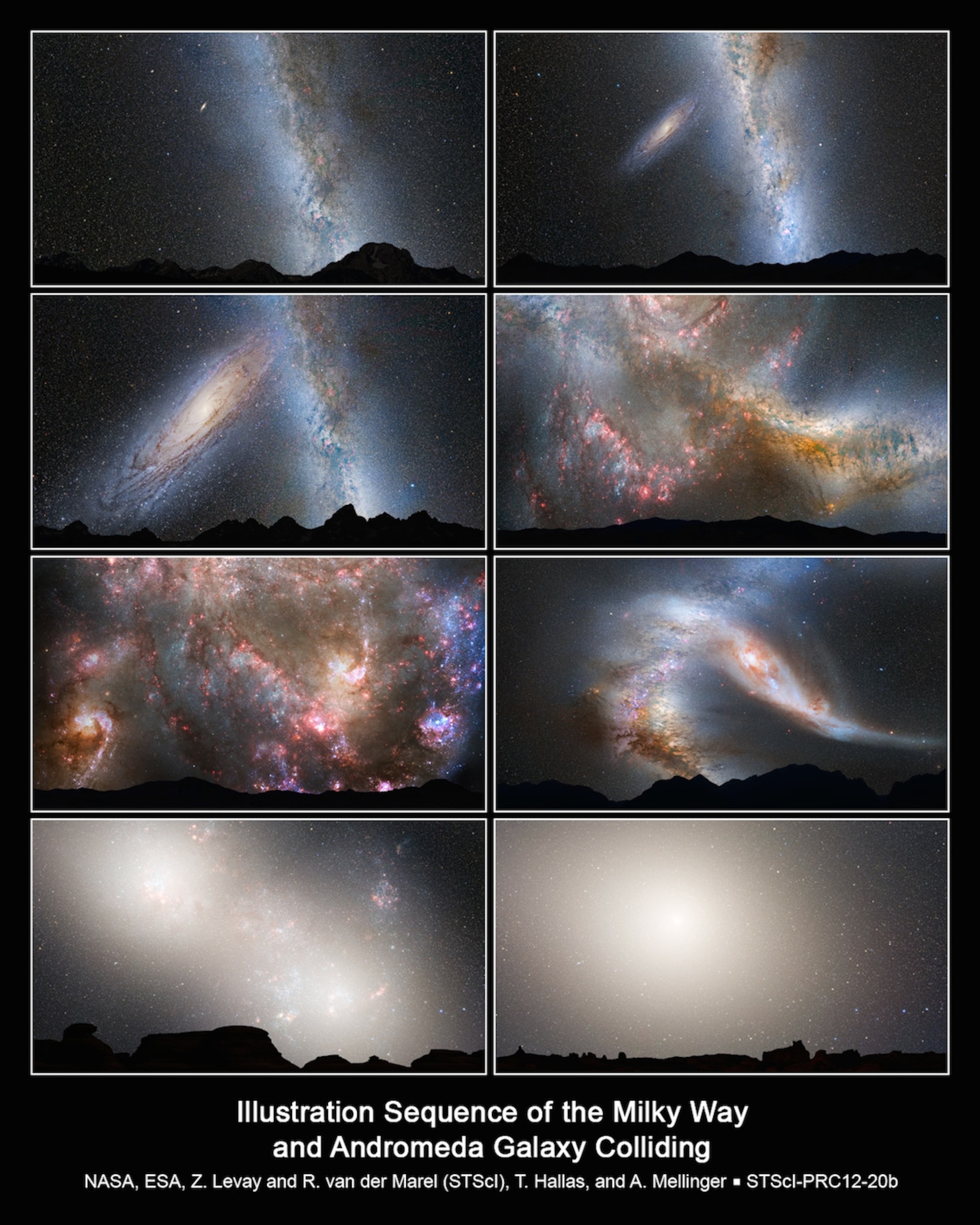 Present day; 2 billion years from now; 3.75 billion years; 3.85 billion years; 3.9 billion years; 4 billion years; 5.1 billion years from now; and 7 billion years from now, when the galaxies have formed a huge elliptical galaxy. (NASA/ESA/Z. Levay and R. van der Marel, STScI/T. Hallas and A. Mellinger