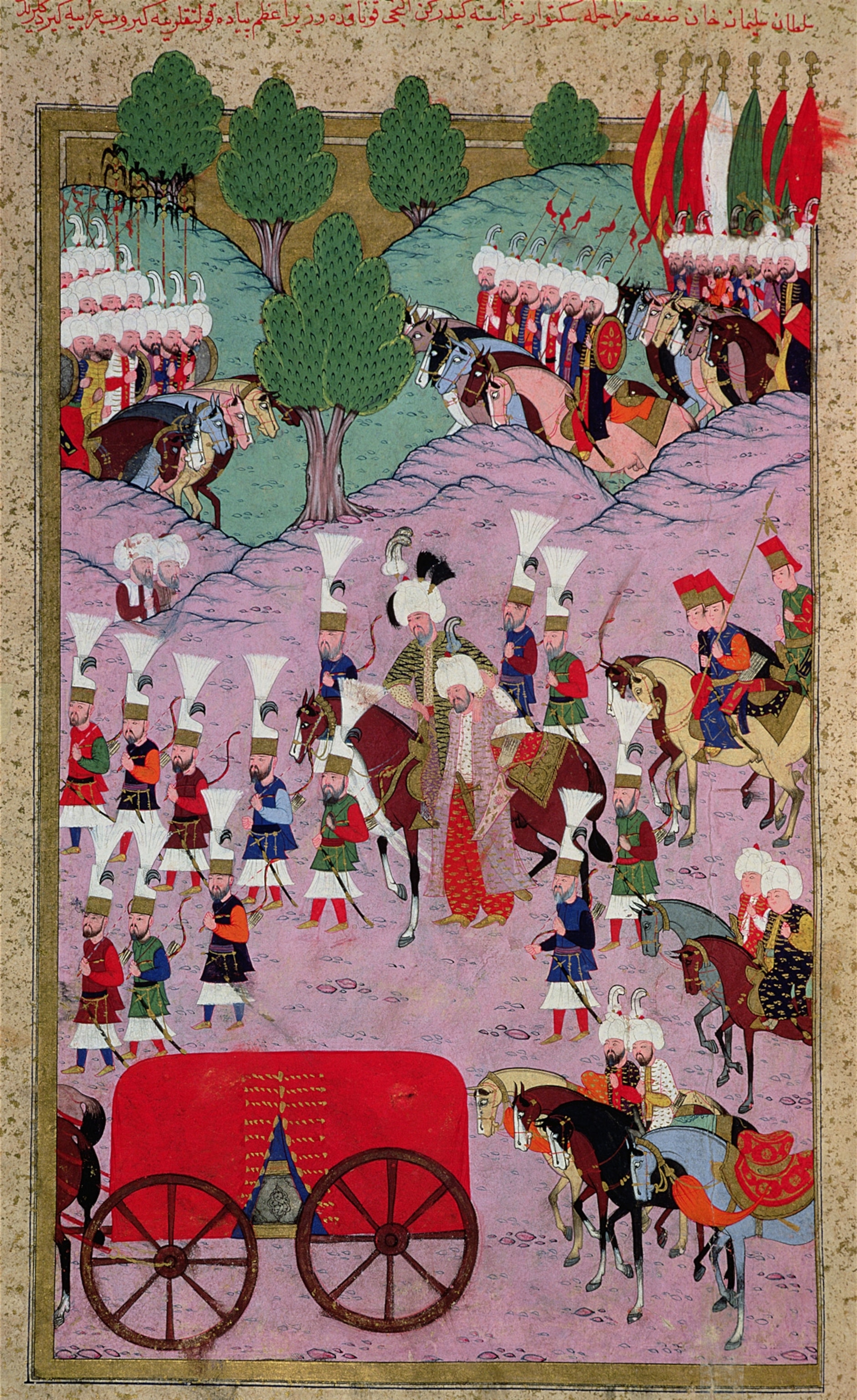 colorful scene of men, horses, flags, and a carriage