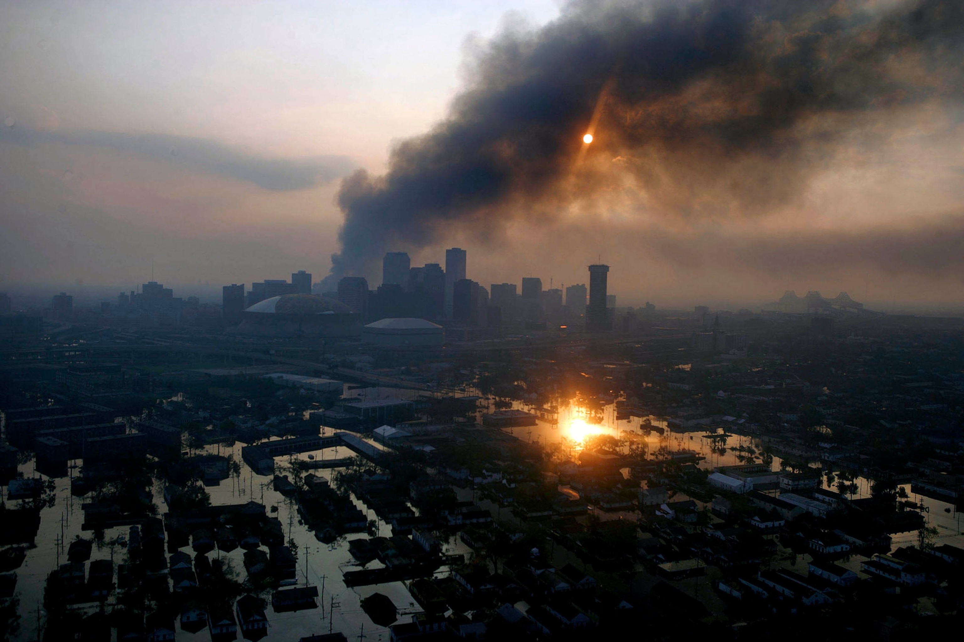 fires burning in New Orleans after Hurricane Katrina