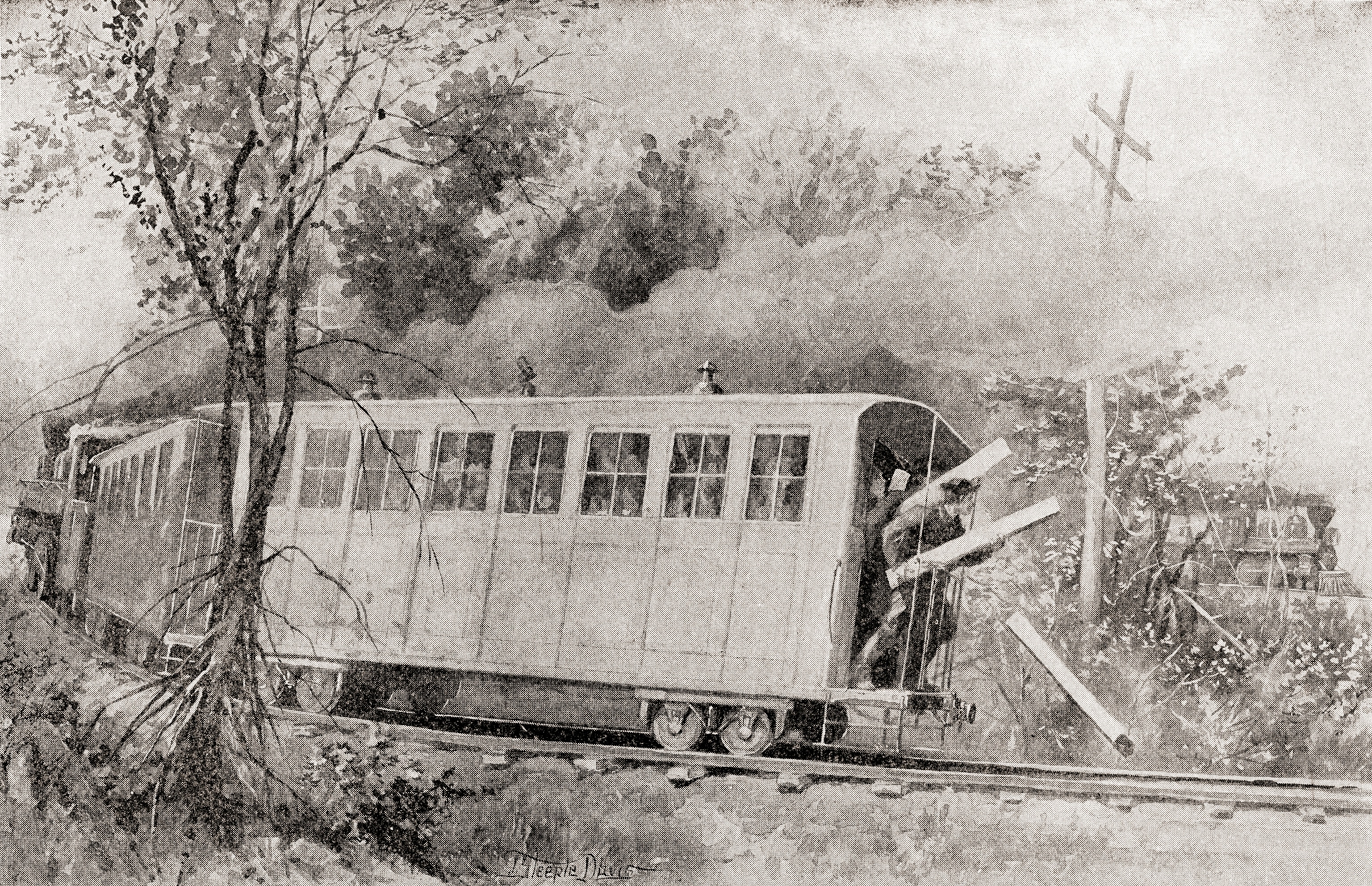 The illustration shows men discarding objects on to train tracks as it turns on a bend.