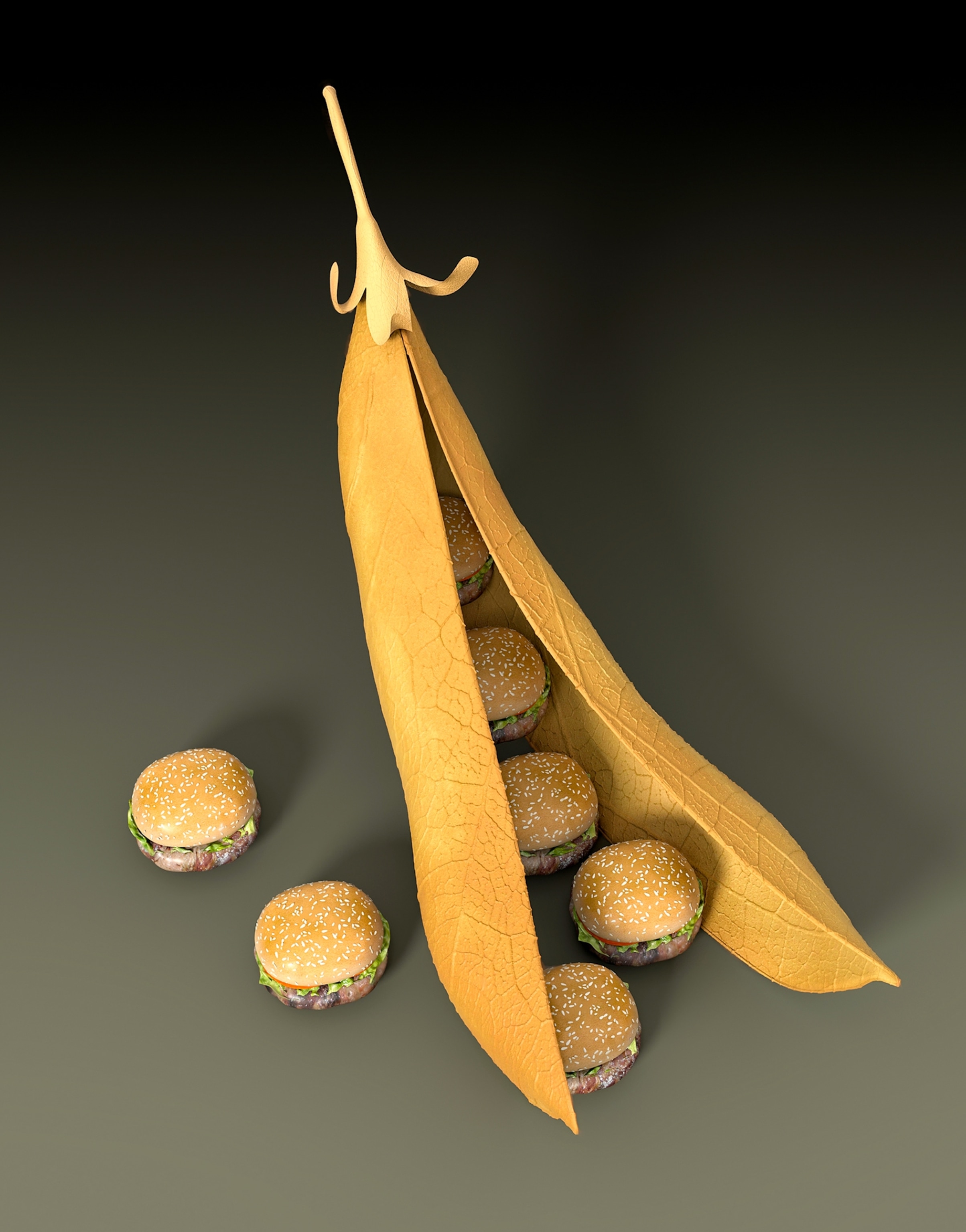 Picture of open pea pod with burgers inside.