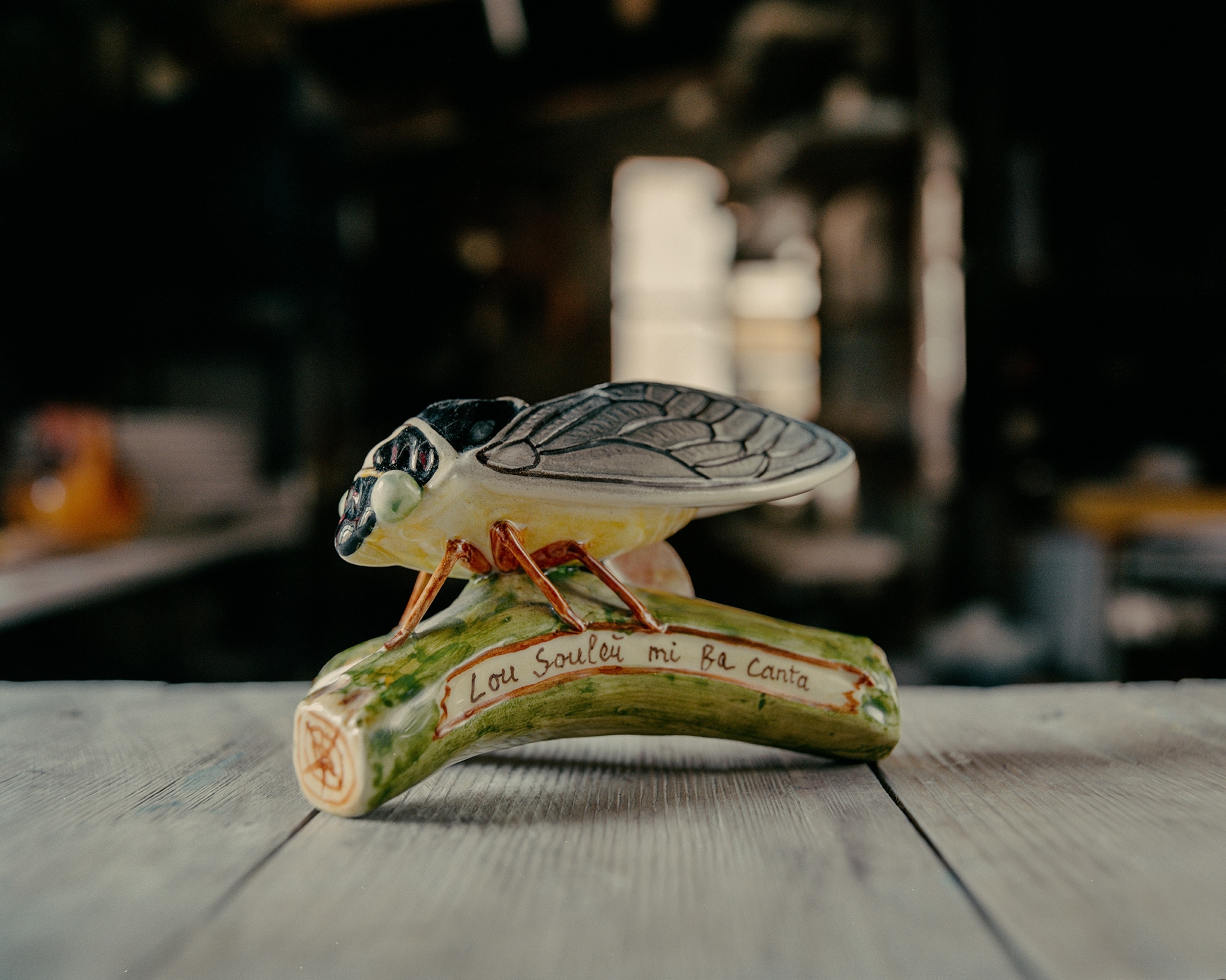 A limited edition cicada sculpture sits on a table.