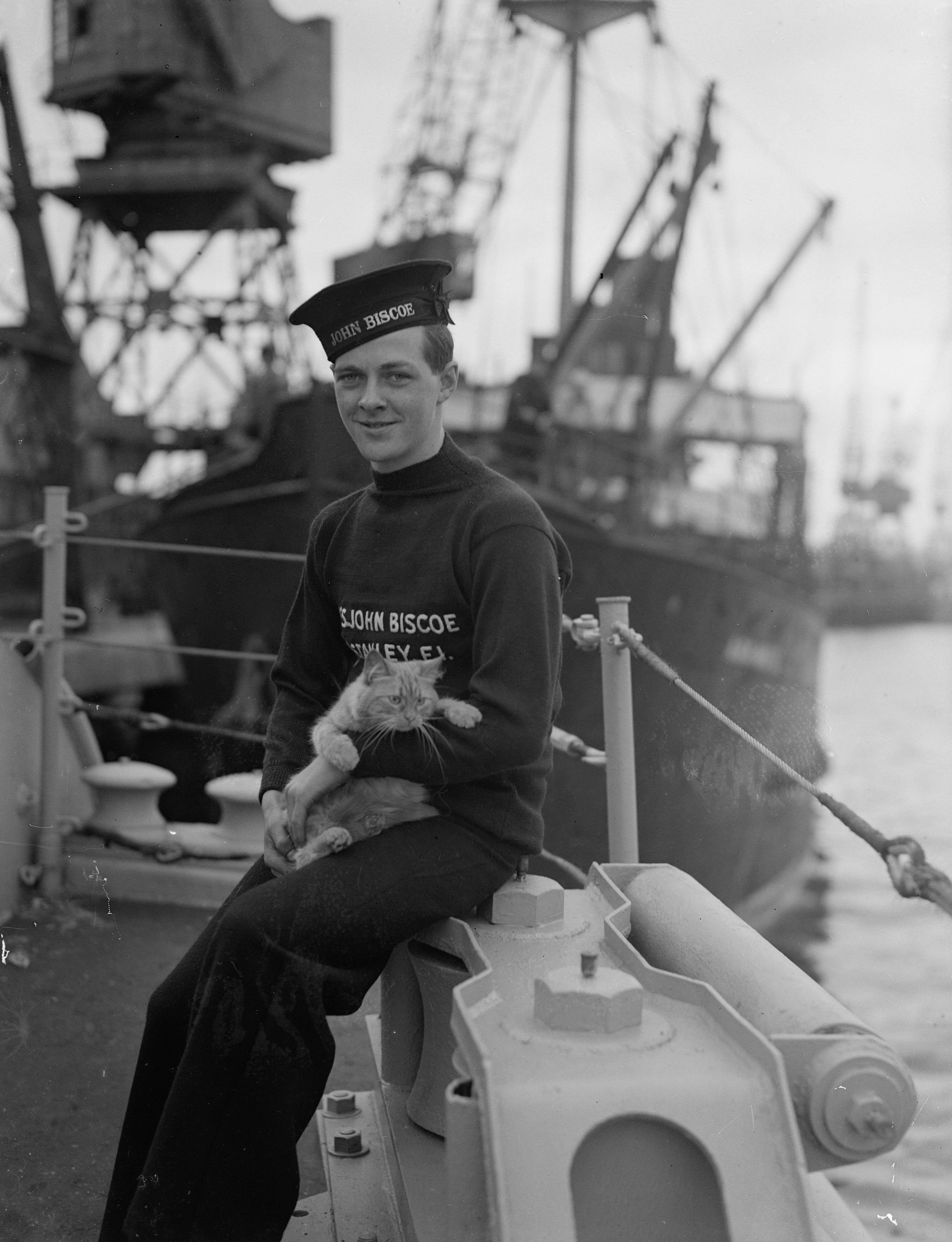 Black-and-white photograph circa 1948 of a young white man in sailor's uniform seated on a ship's deck, smiling and holding a cat.