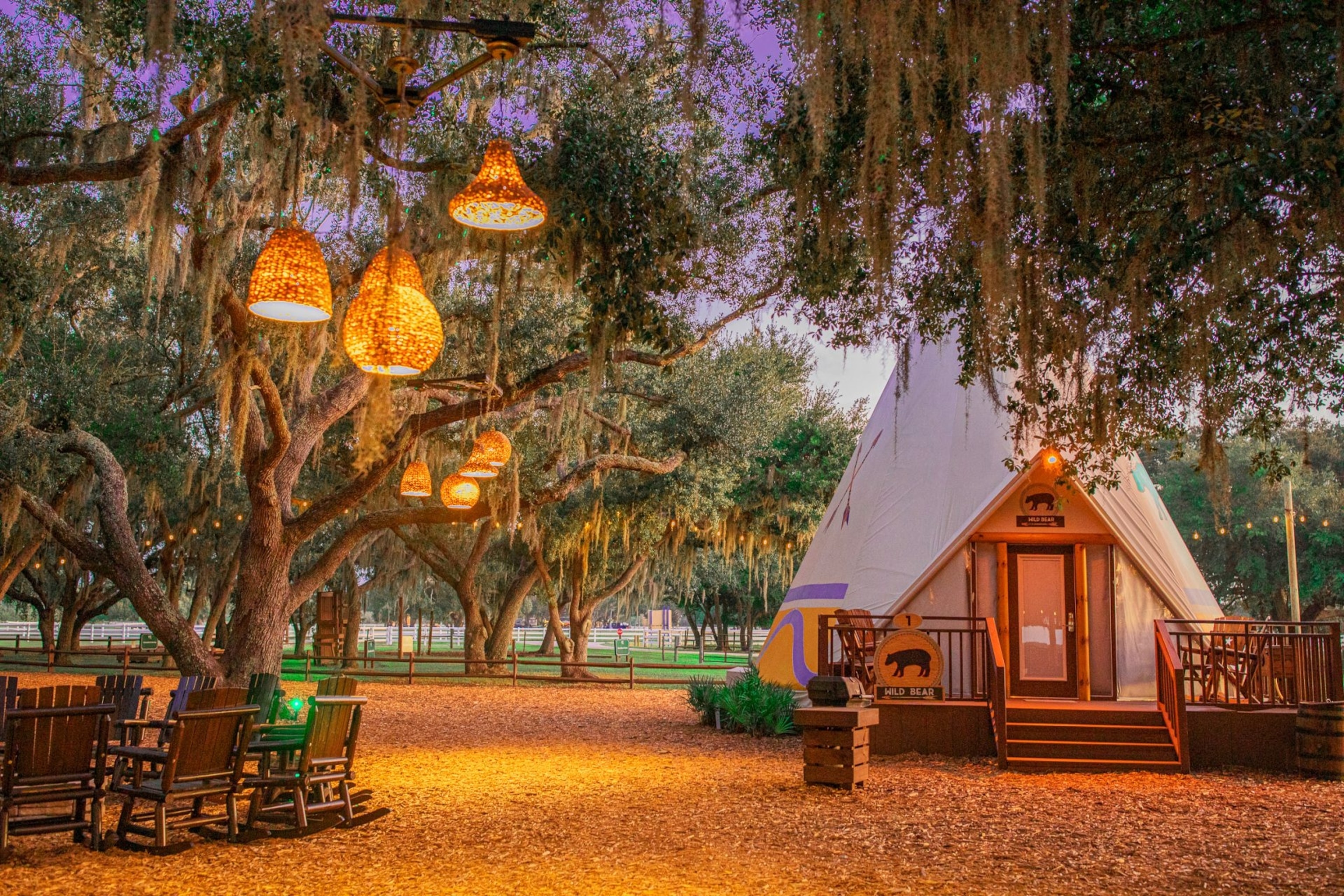 A tepee is surrounded by lights.