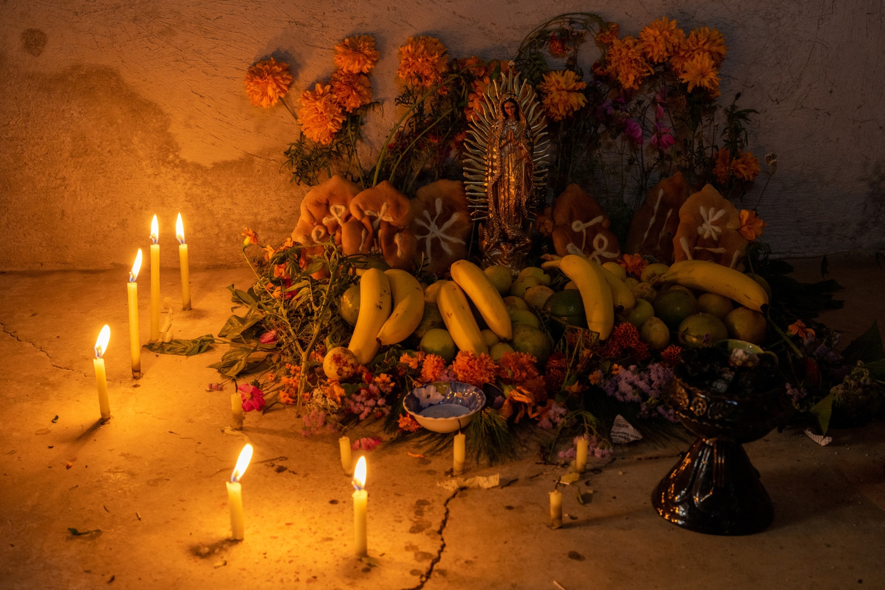 Shrine with offerings for day of the dead in Mexico.