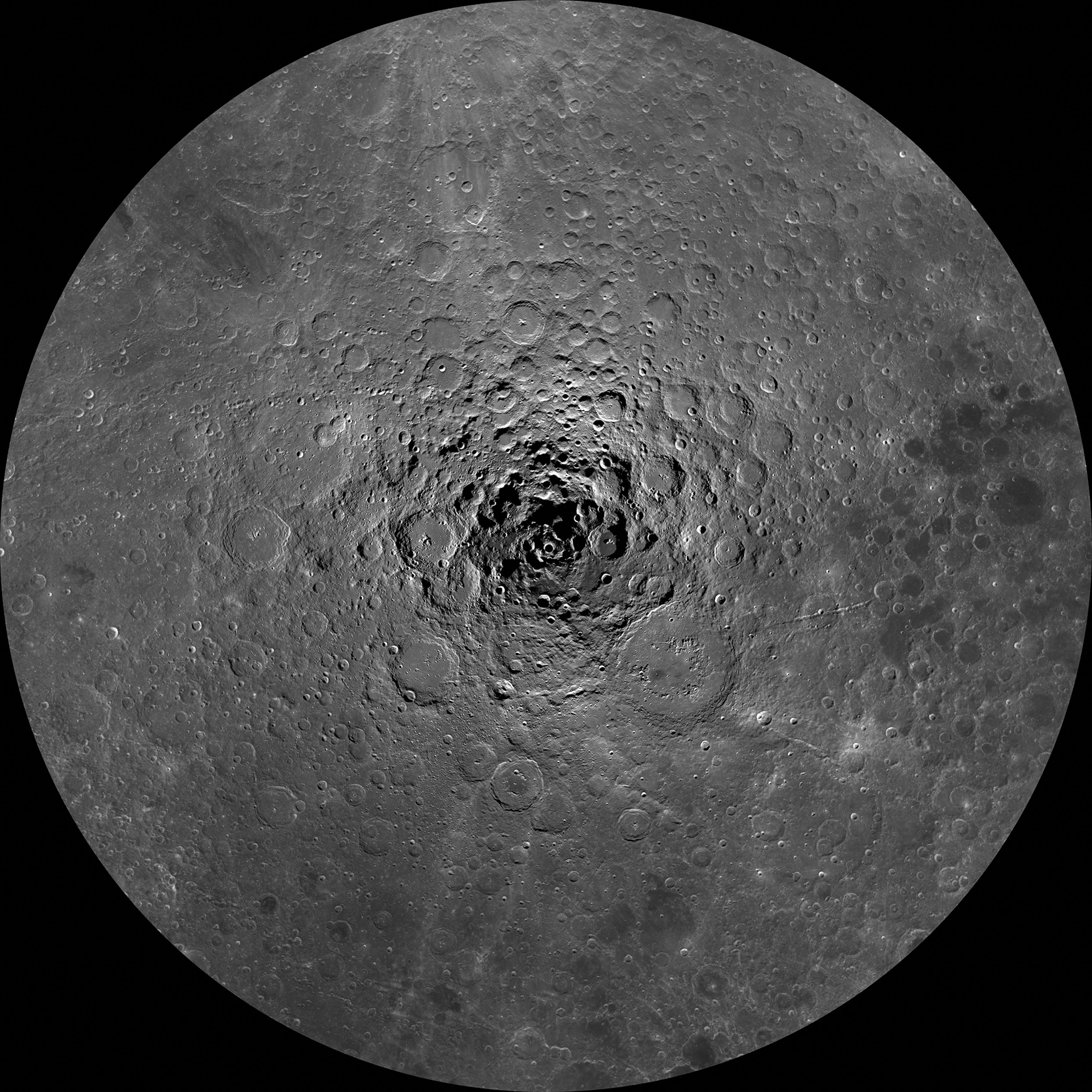 The lunar surface of Earth's Moon, with the South Pole as the focal point.