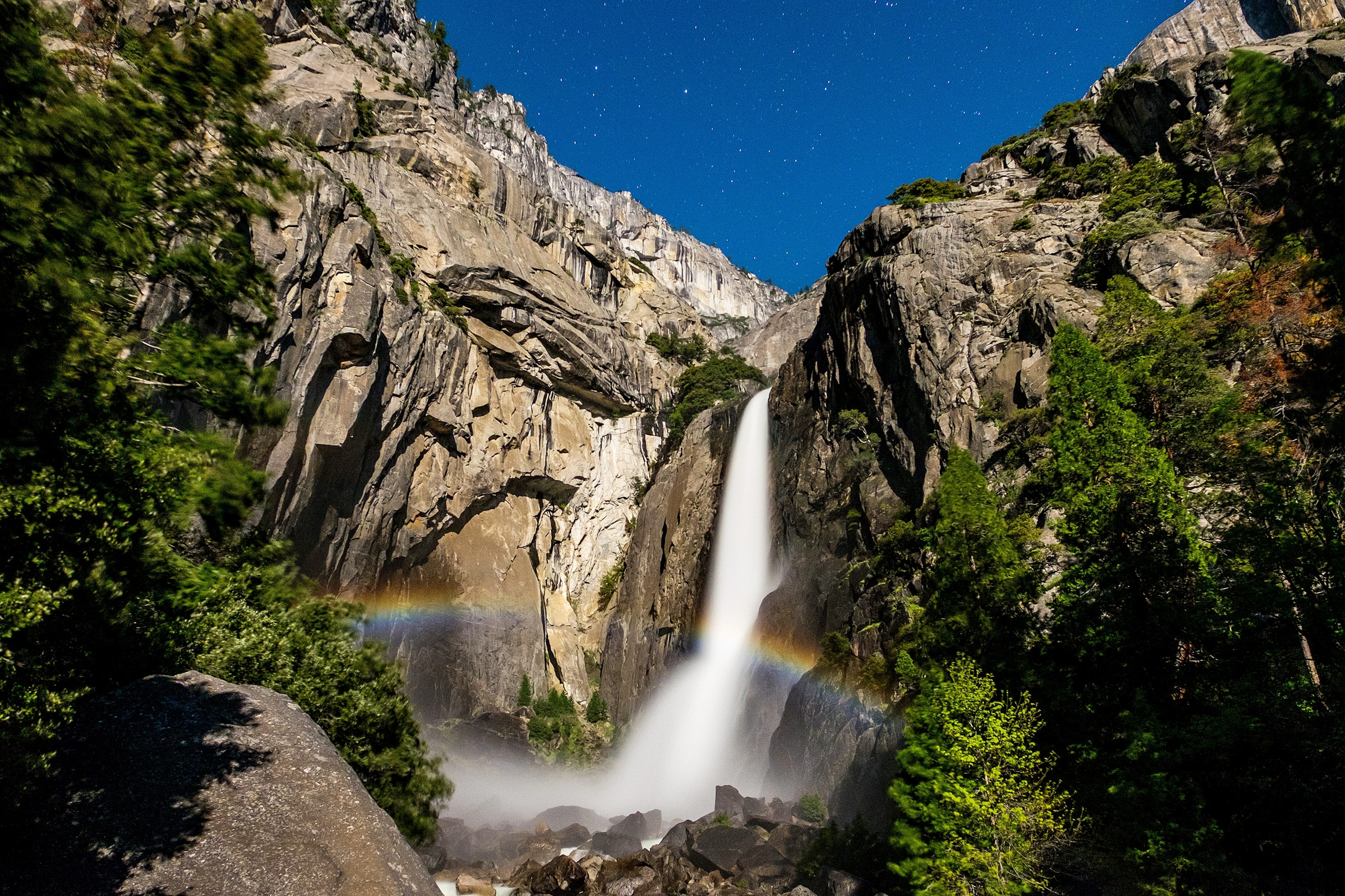 Yosemite Falls at night in Yosemite National Park