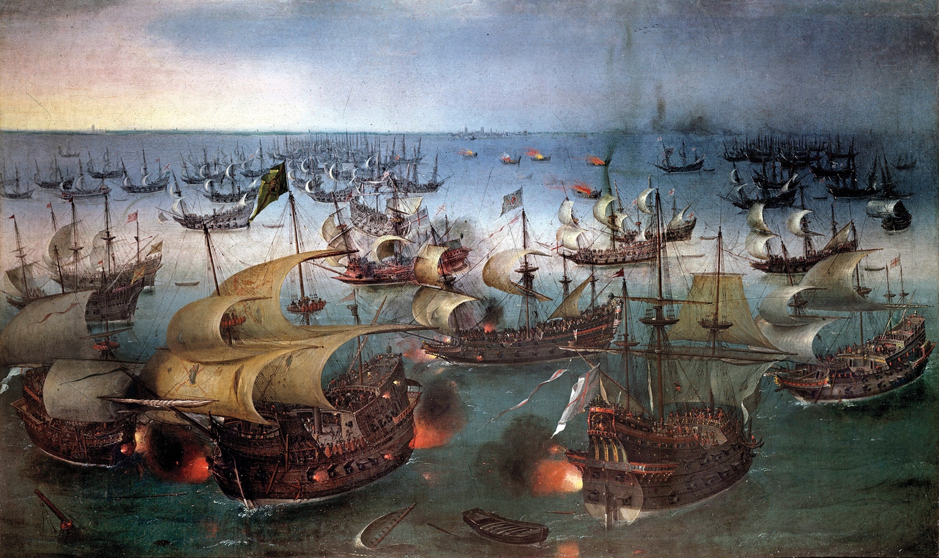 The English sent fireships laden with gunpowder into the heart of the Spanish Armada, portrayed in this artwork.