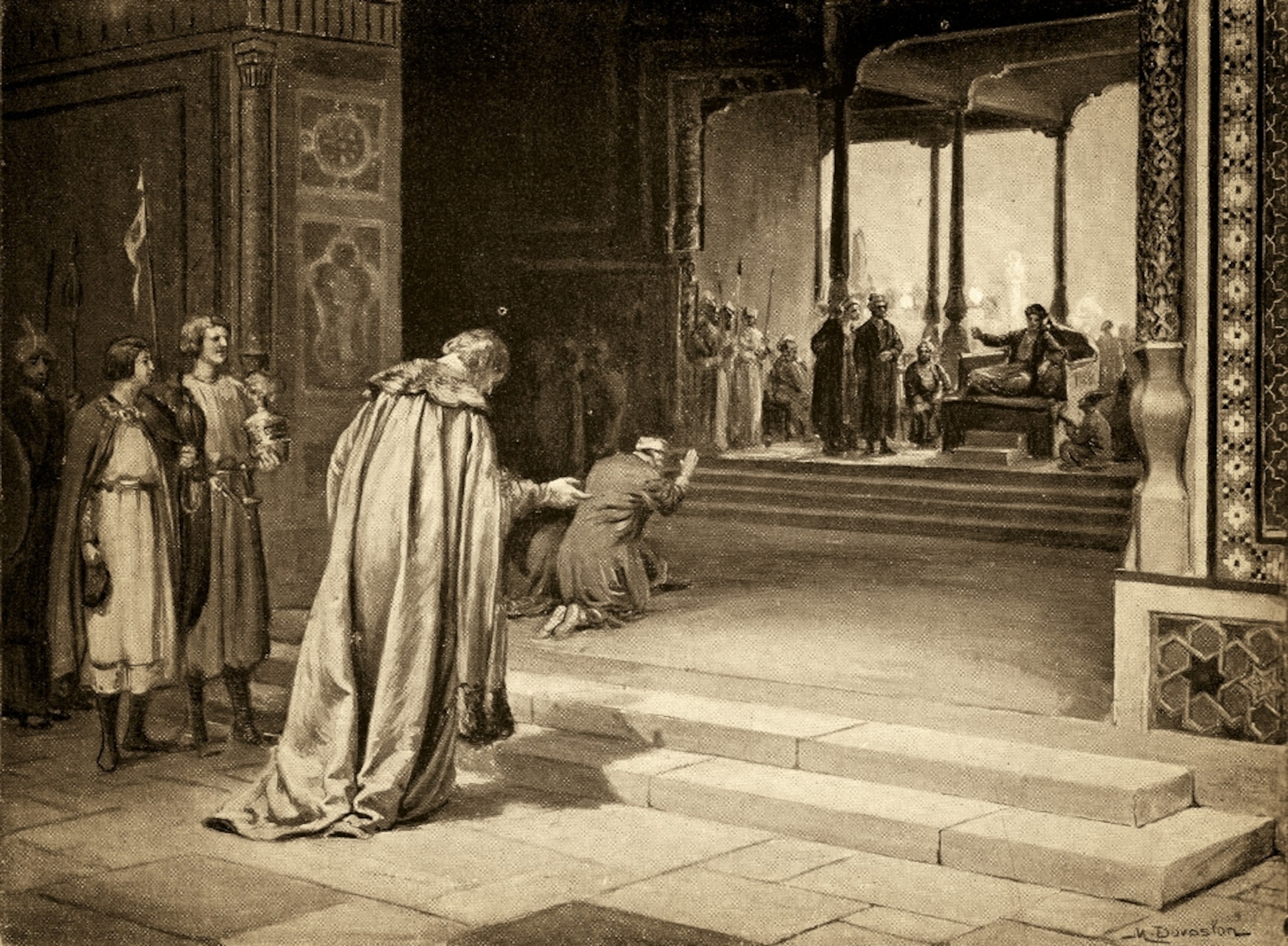 A drawing of a man kneeling before a throne