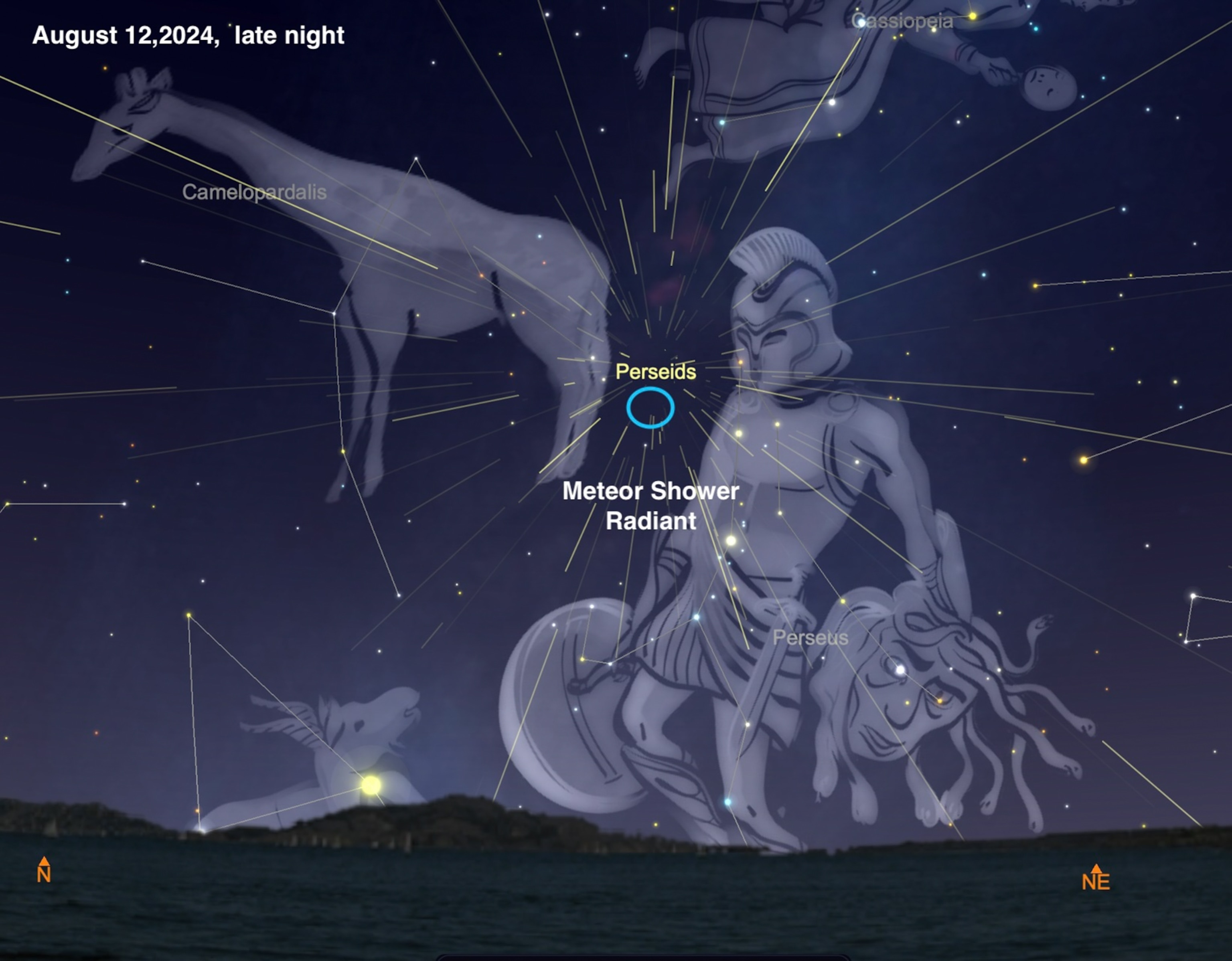 A sky chart north to north-east, where dozens of meteors fill the sky.