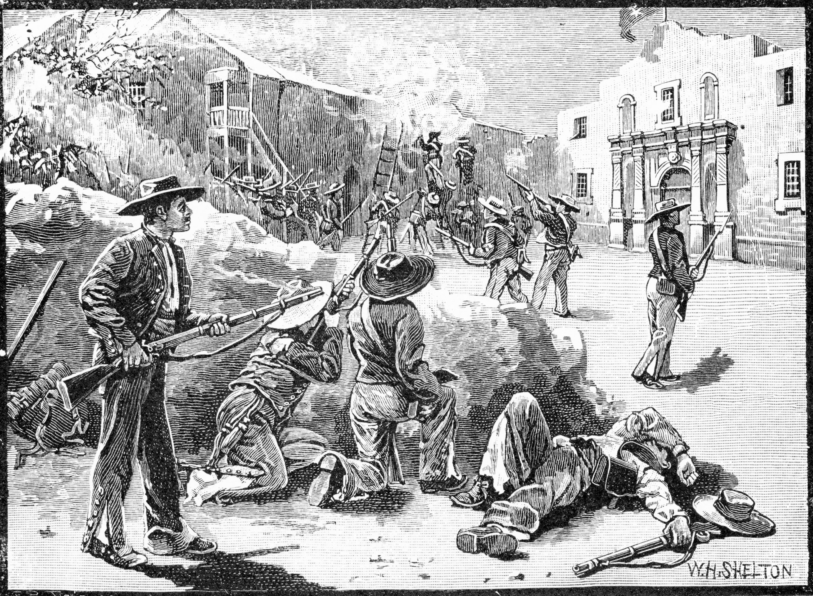 Drawing of people with guns fighting in front of the alamo