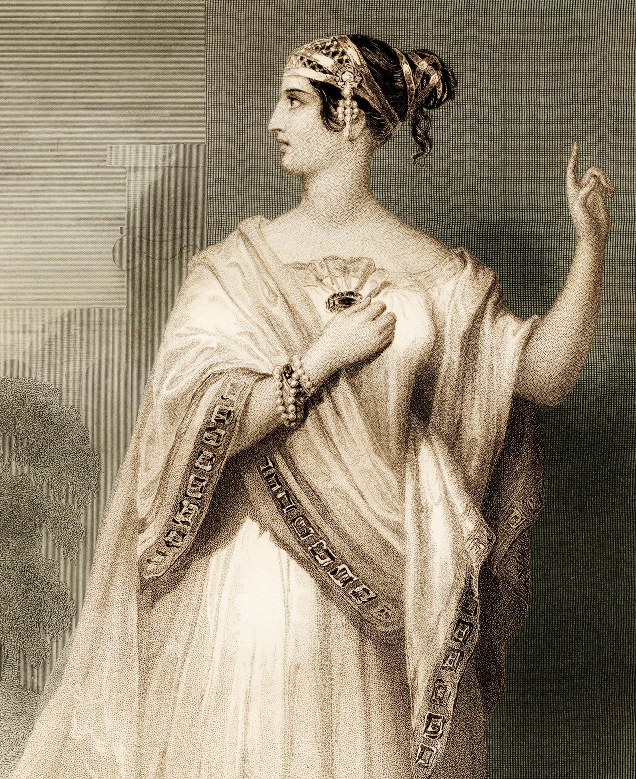 A brown rendering of an engraving showing Porcia's side profile