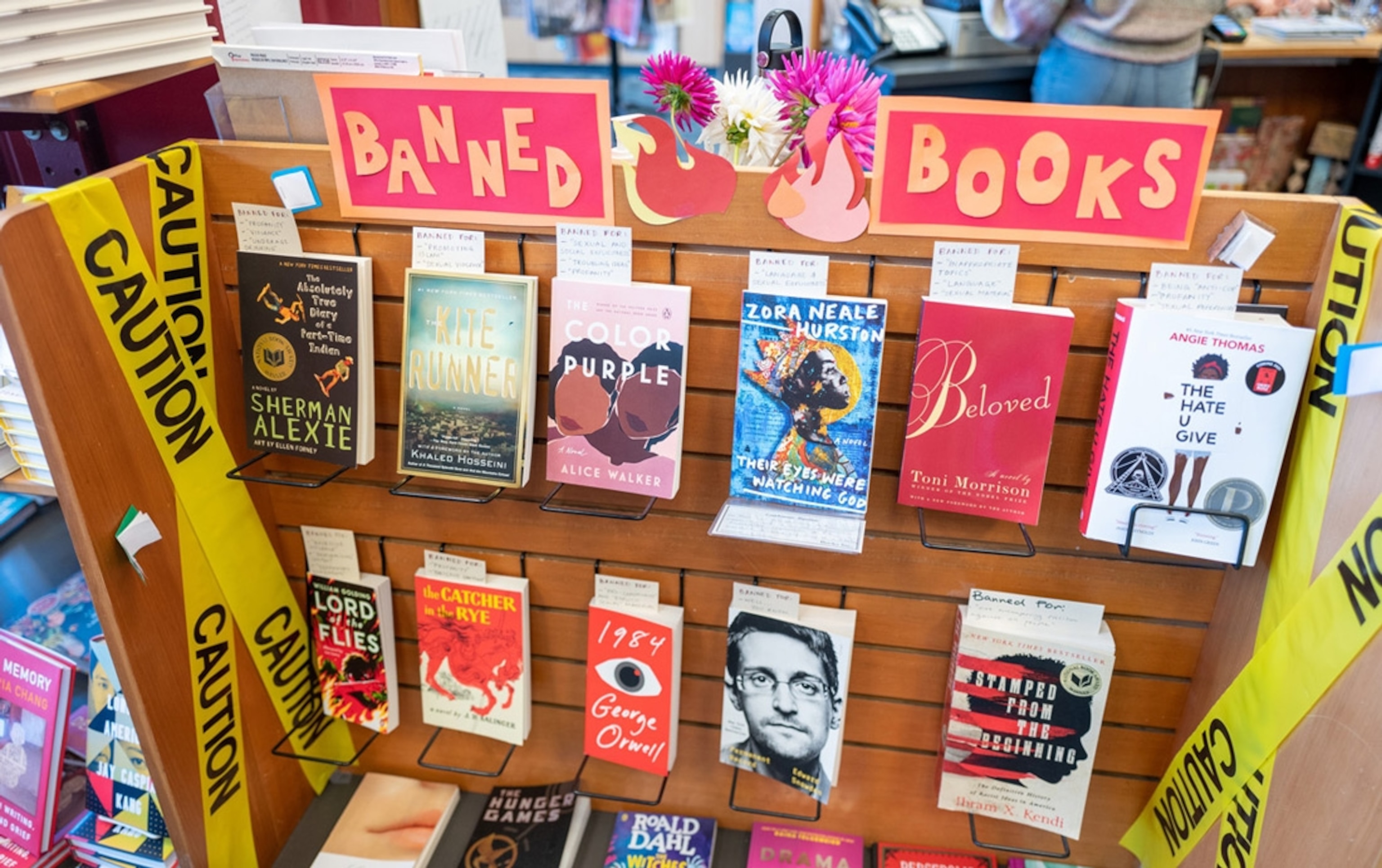 Display of banned books or censored books at Books Inc independent bookstore in Alameda, California, October 16, 2021.