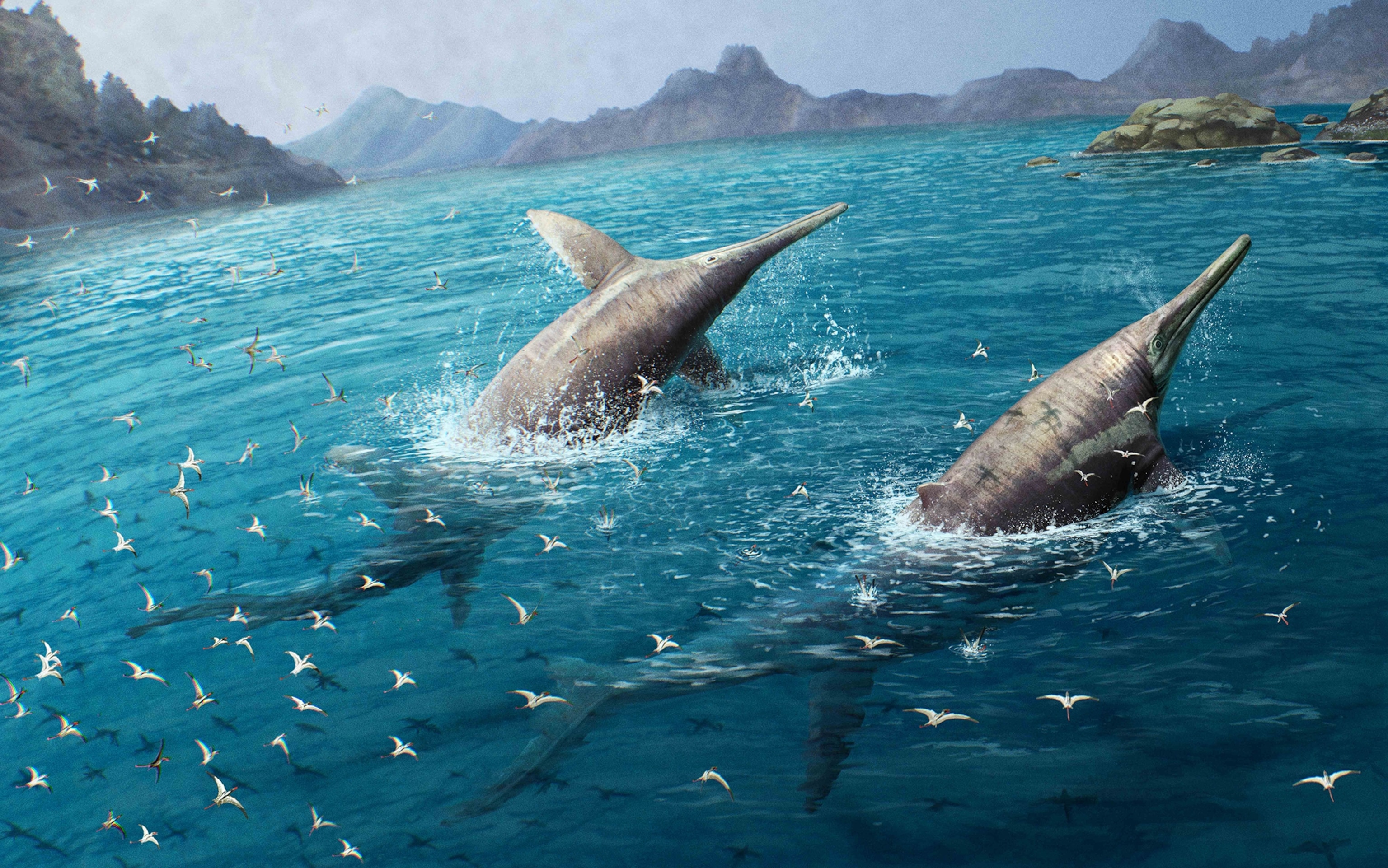 The large bodies of the Ichthyotitan severnensism breach water as birds fly above in this illustration.