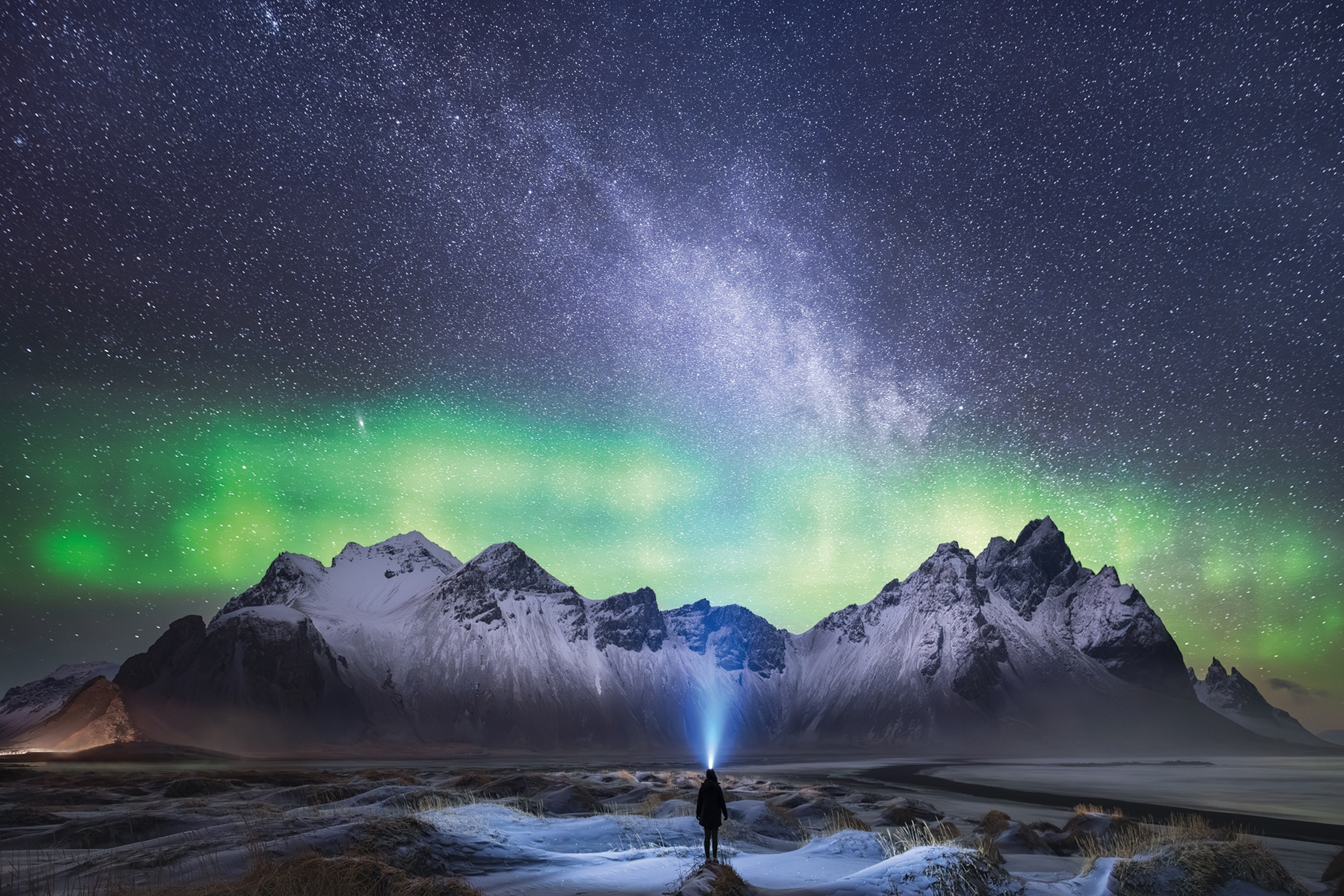 A lone figure wearing a head torch stands in an isolated part of iceland wih the northern lights visible in the background. and the milky way visible from above.