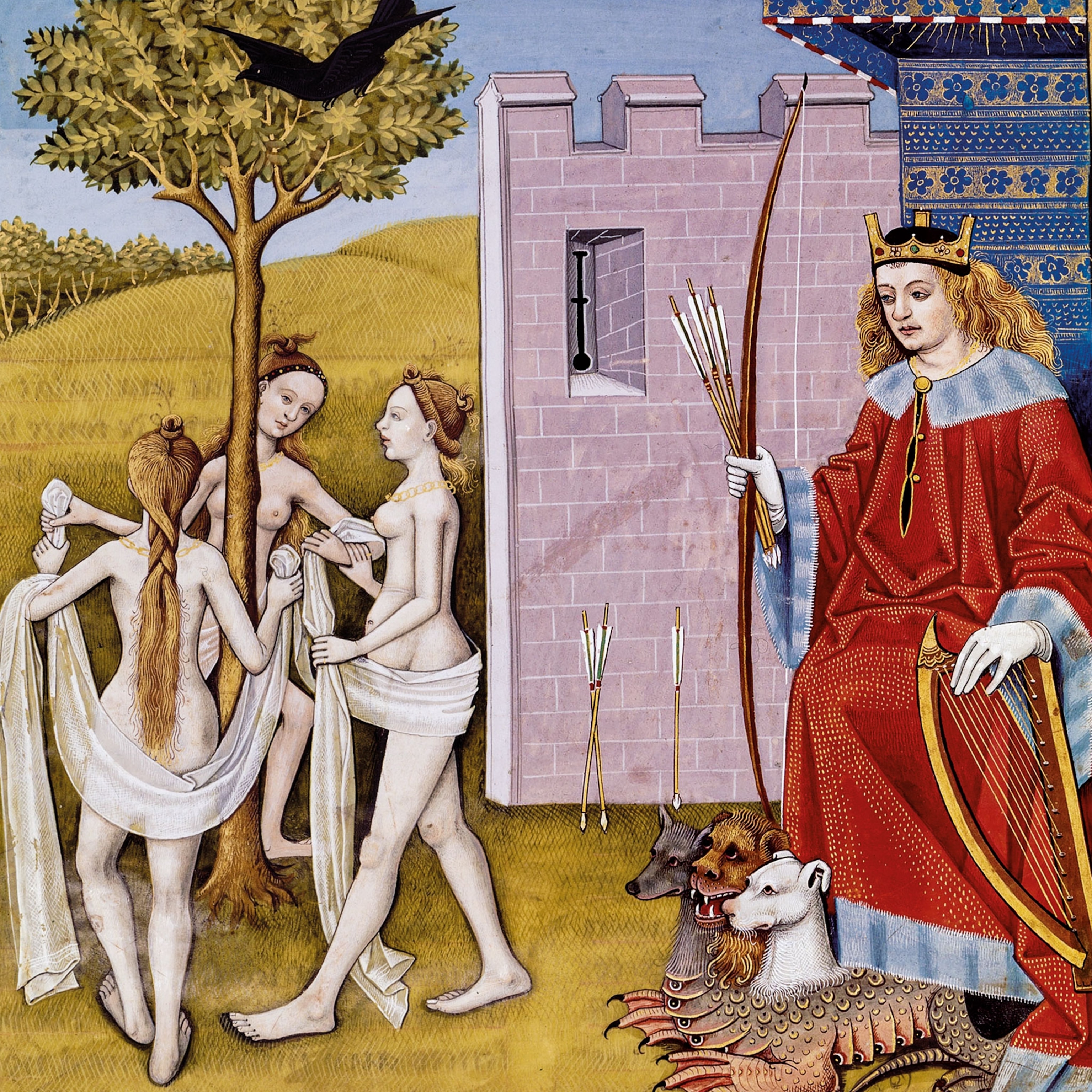 A miniature depicts a king with bow and arrow sitting inside a castle