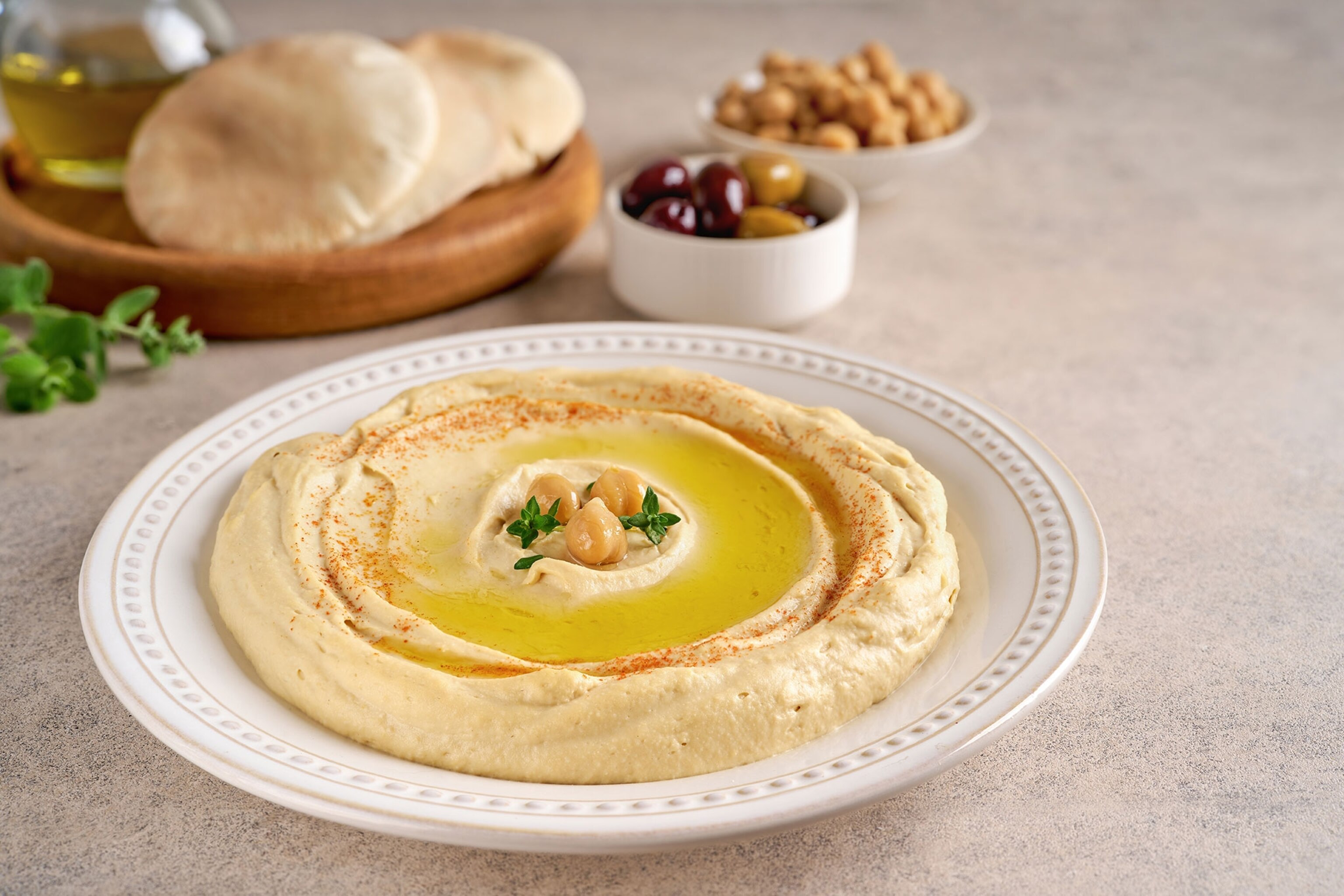 A bowl of hummus sits on top of a table, with flatbreads, olive oil, olives and nuts visible in the background.
