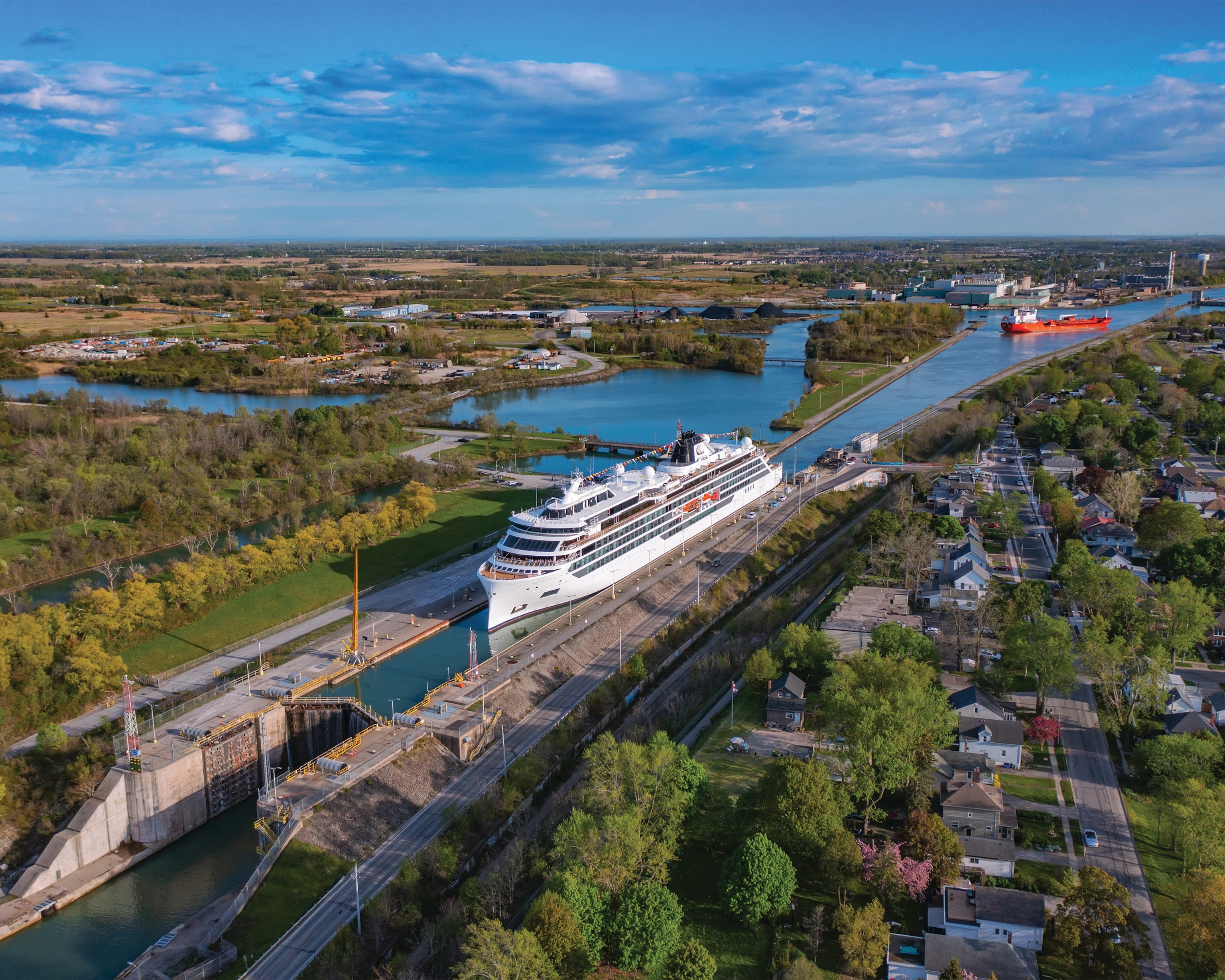 the Viking Octantis is pictured here transiting the Welland Canal, a key section of the St. Lawrence Seaway connecting Lake Ontario and Lake Erie.