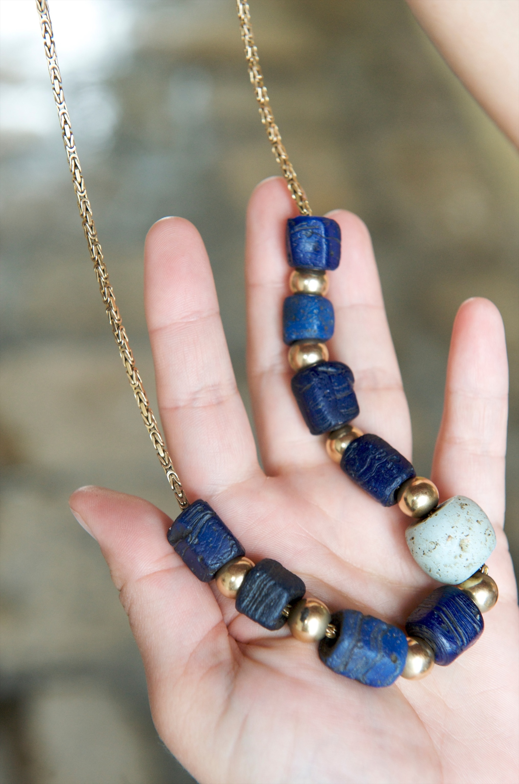 Blue beads on a necklace