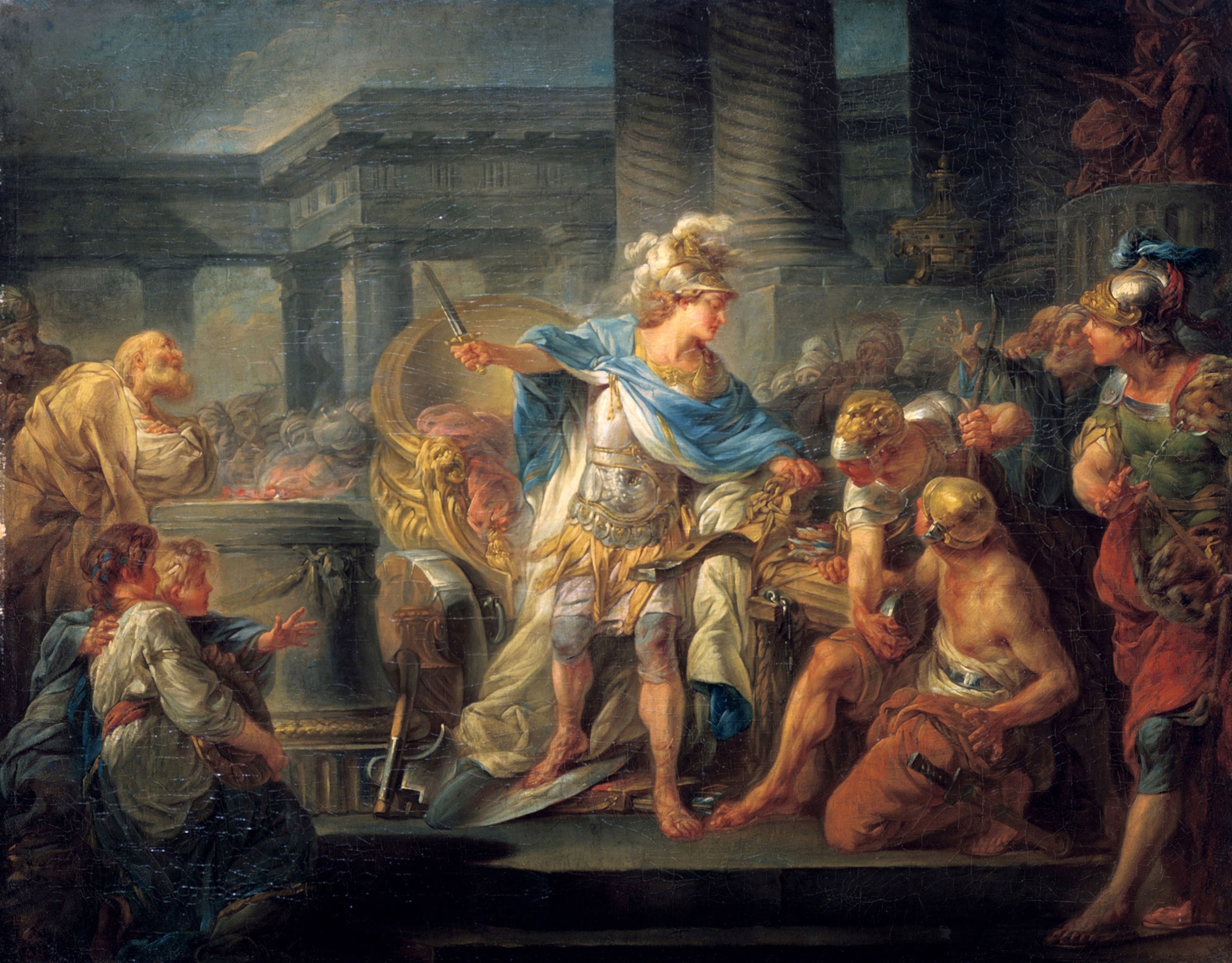 Alexander the Great stands with a knife raised amidst a crowd of people
