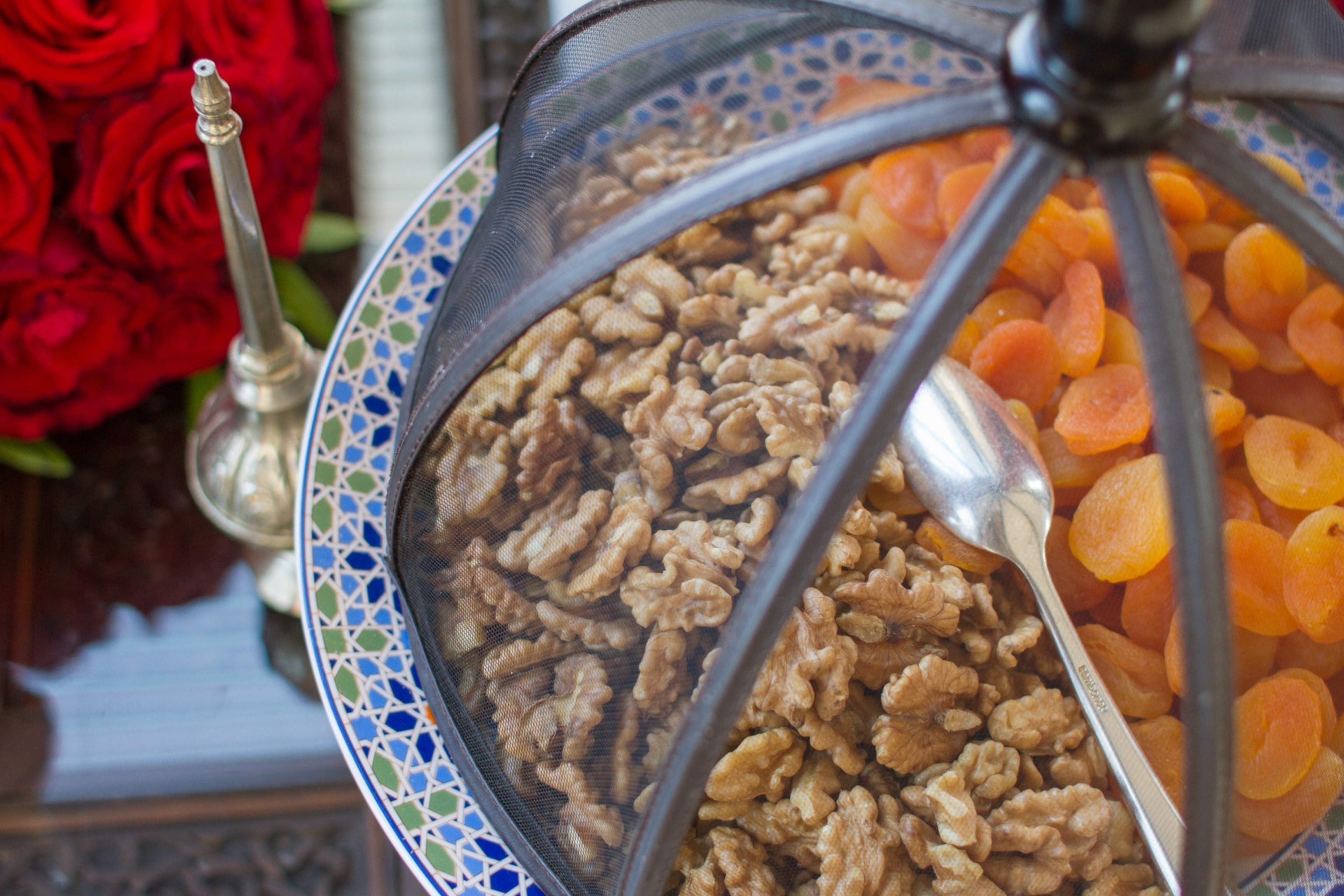 A grouping of walnuts and apricots together under a cover with a spoon.