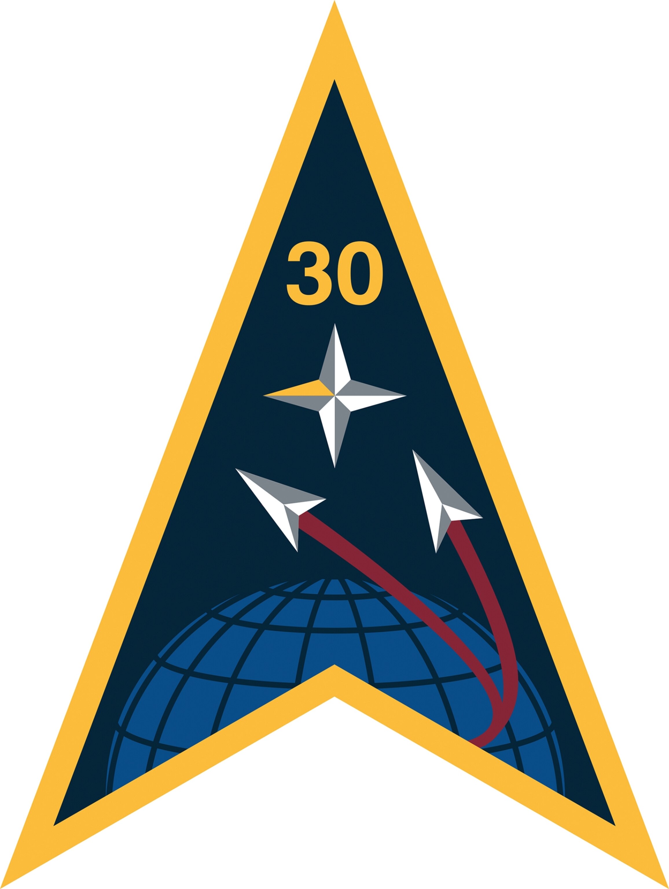 a logo in the shape of an upside down letter V polygon with a star, two rockets and the number 30 on the face of it.