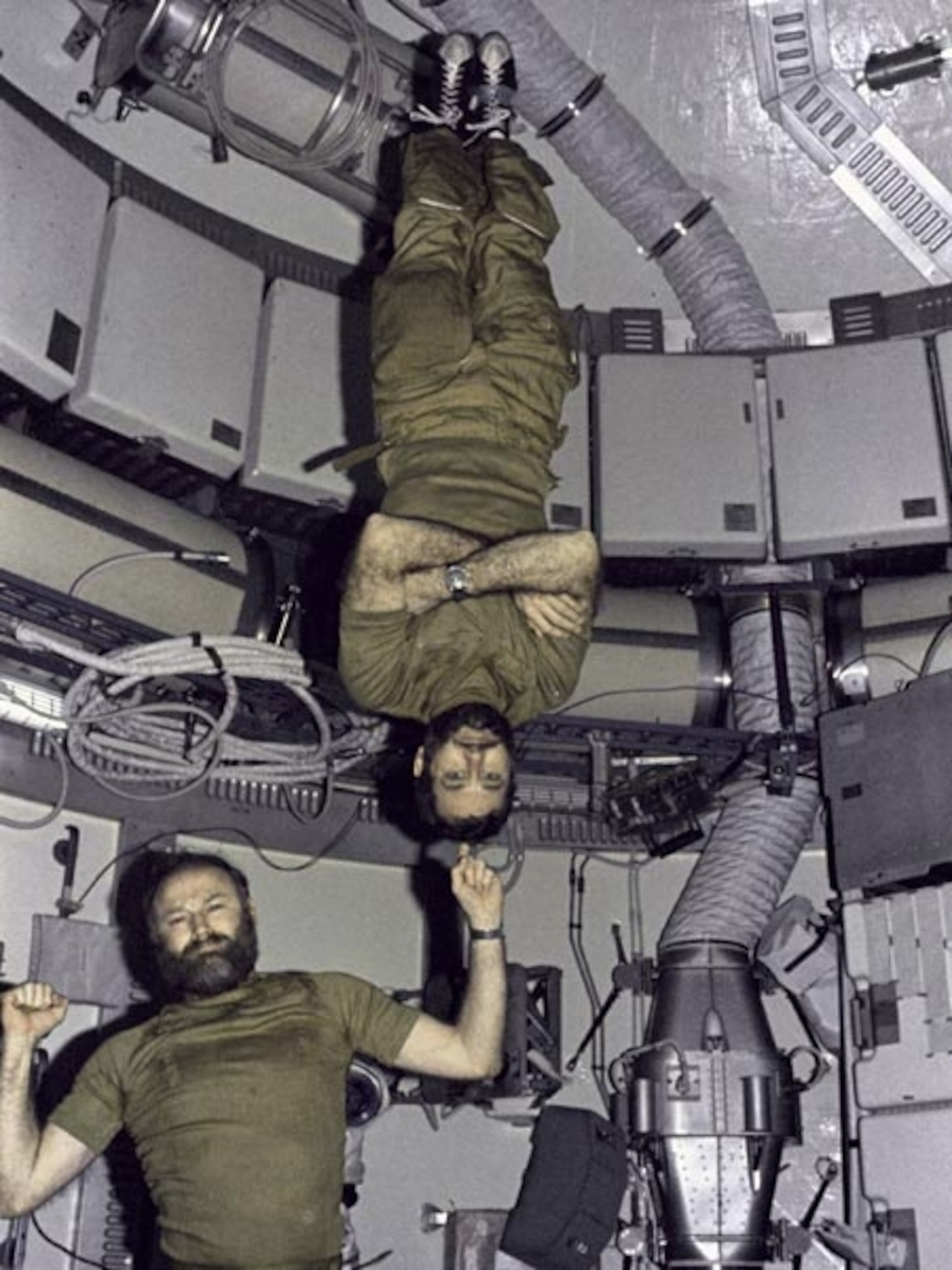 astronauts joking around with the help of zero gravity