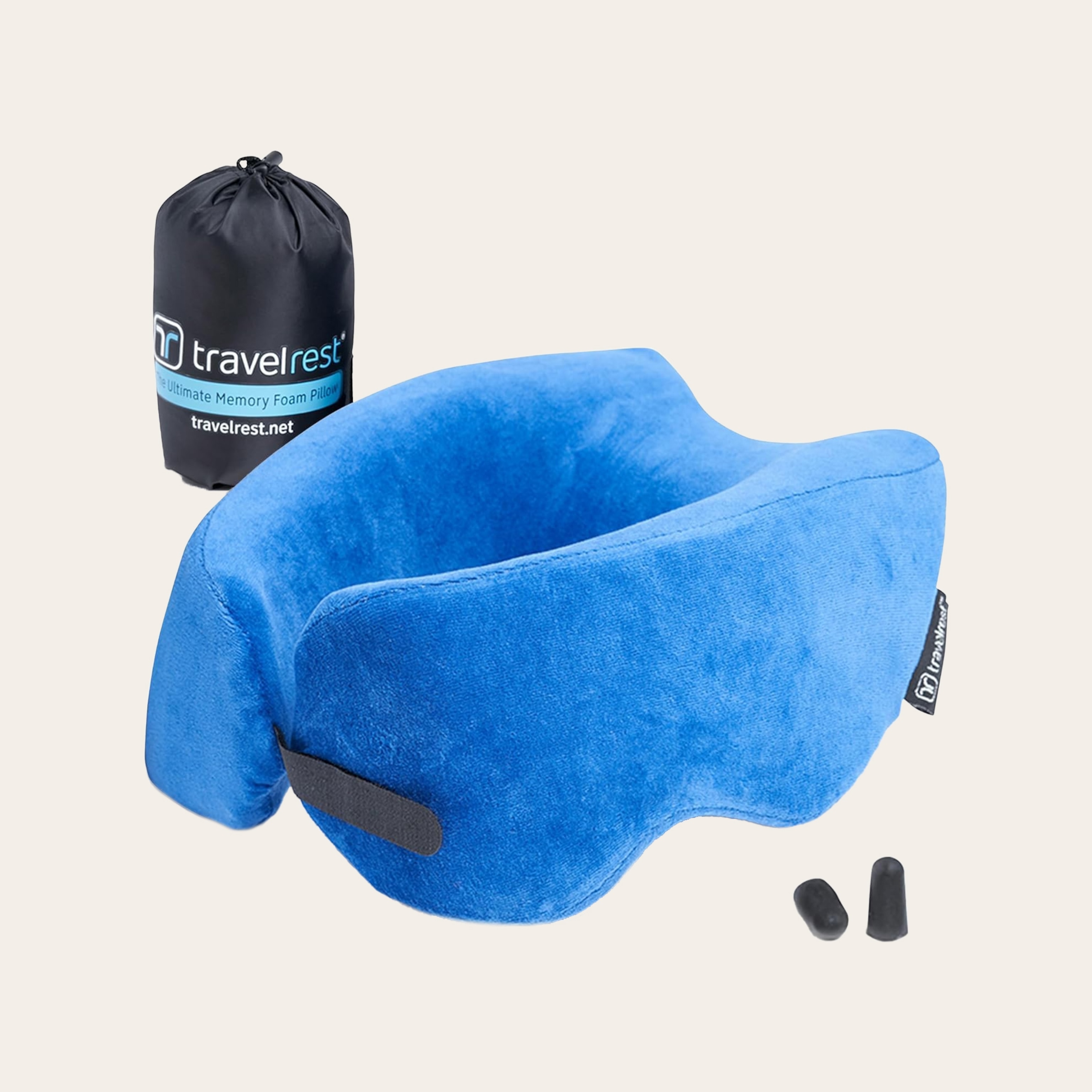 A blue TRAVELREST Nest Memory Foam Travel Pillow/Neck Pillow.