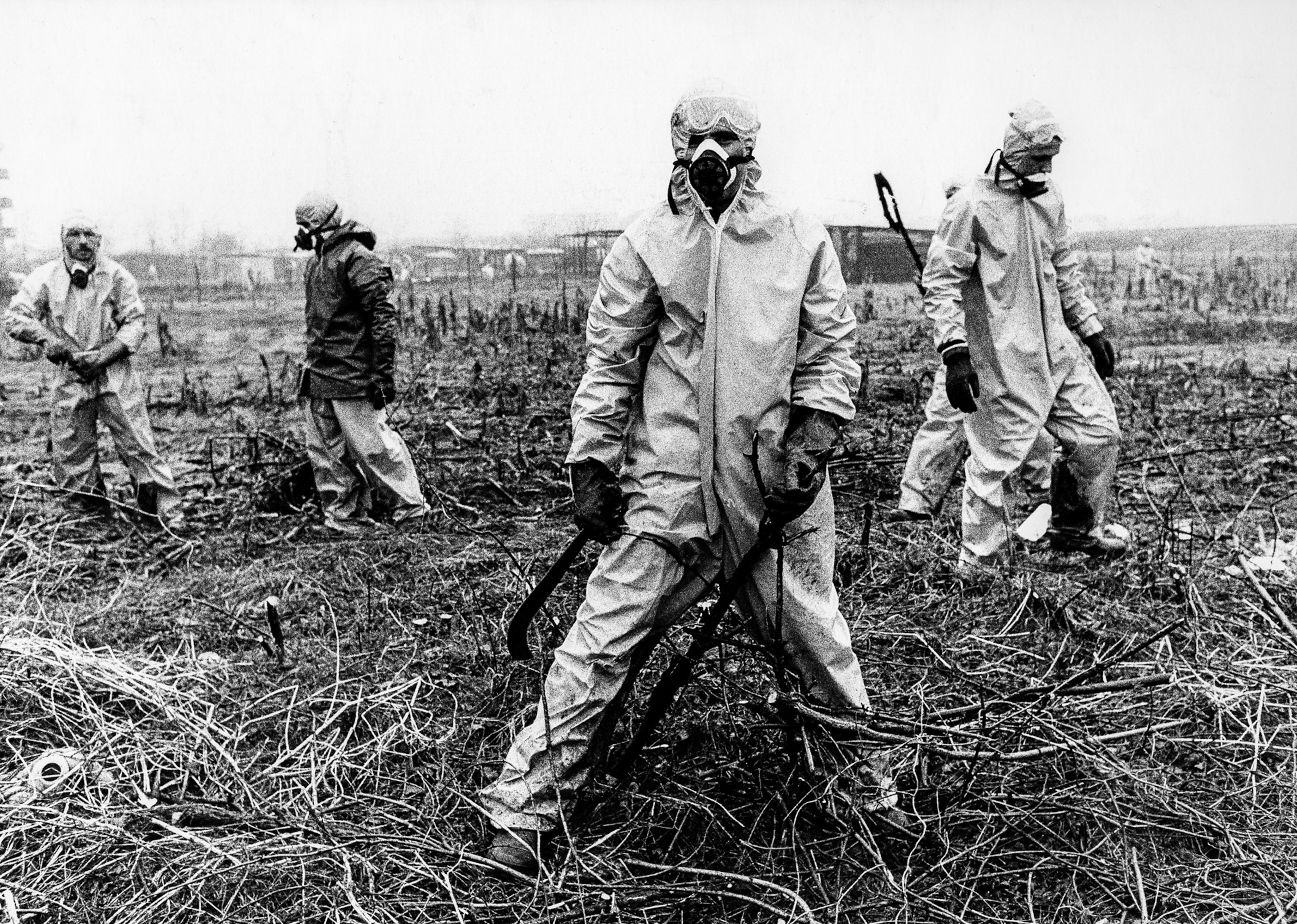 people in masks and protection suits.