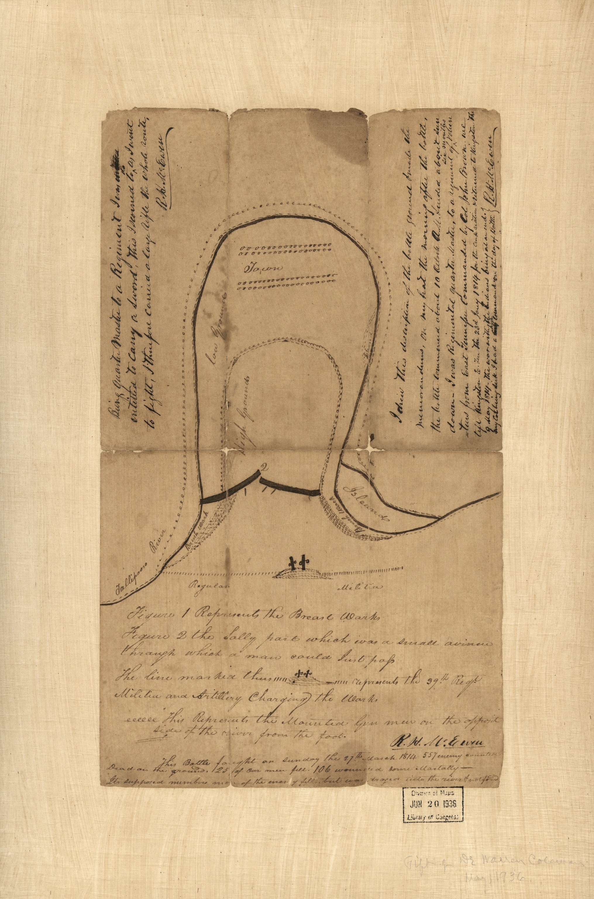 A map on a cloth that outlines the bend of a river in black ink with text written around it.