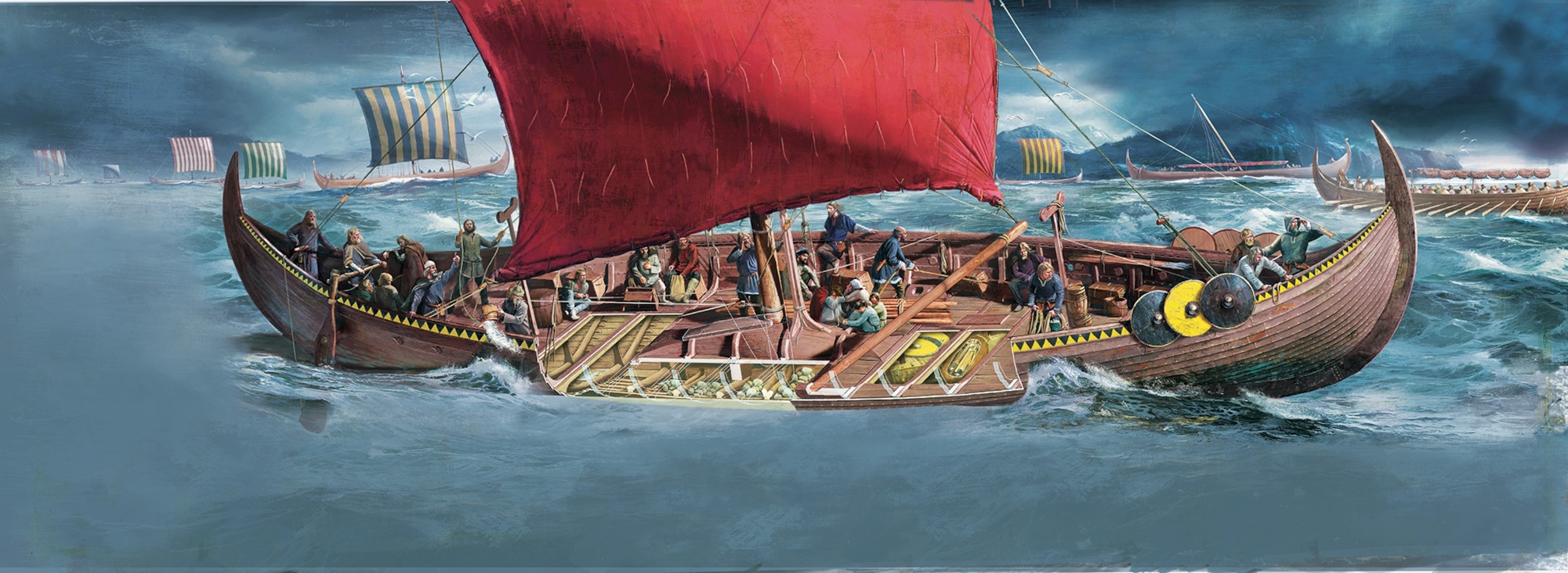 The cutaway illustration reveals the complex construction of swift Viking ships.