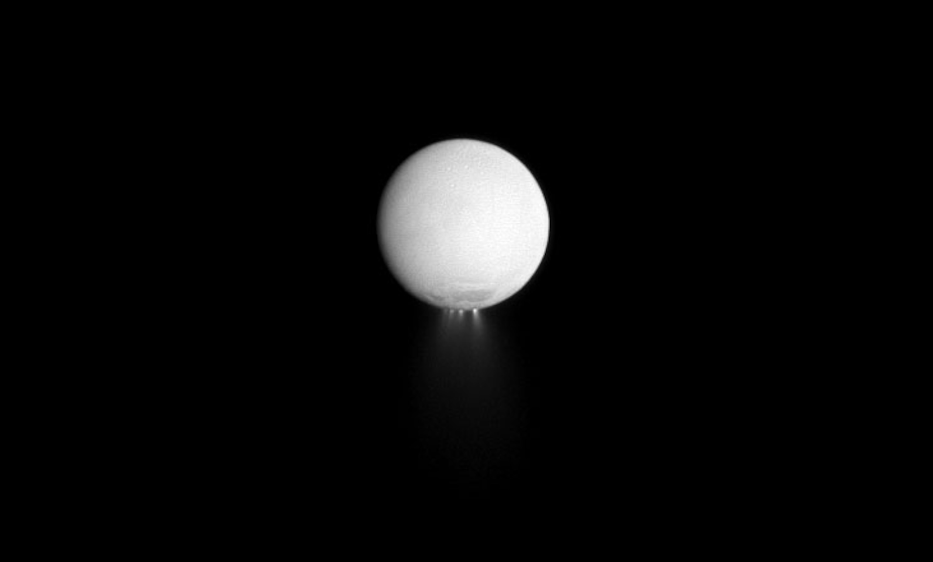 The plumes erupting from the south pole of Saturn's moon Enceladus can be searched for signs of extraterrestrial life. (NASA/JPL/Space Science Institute)