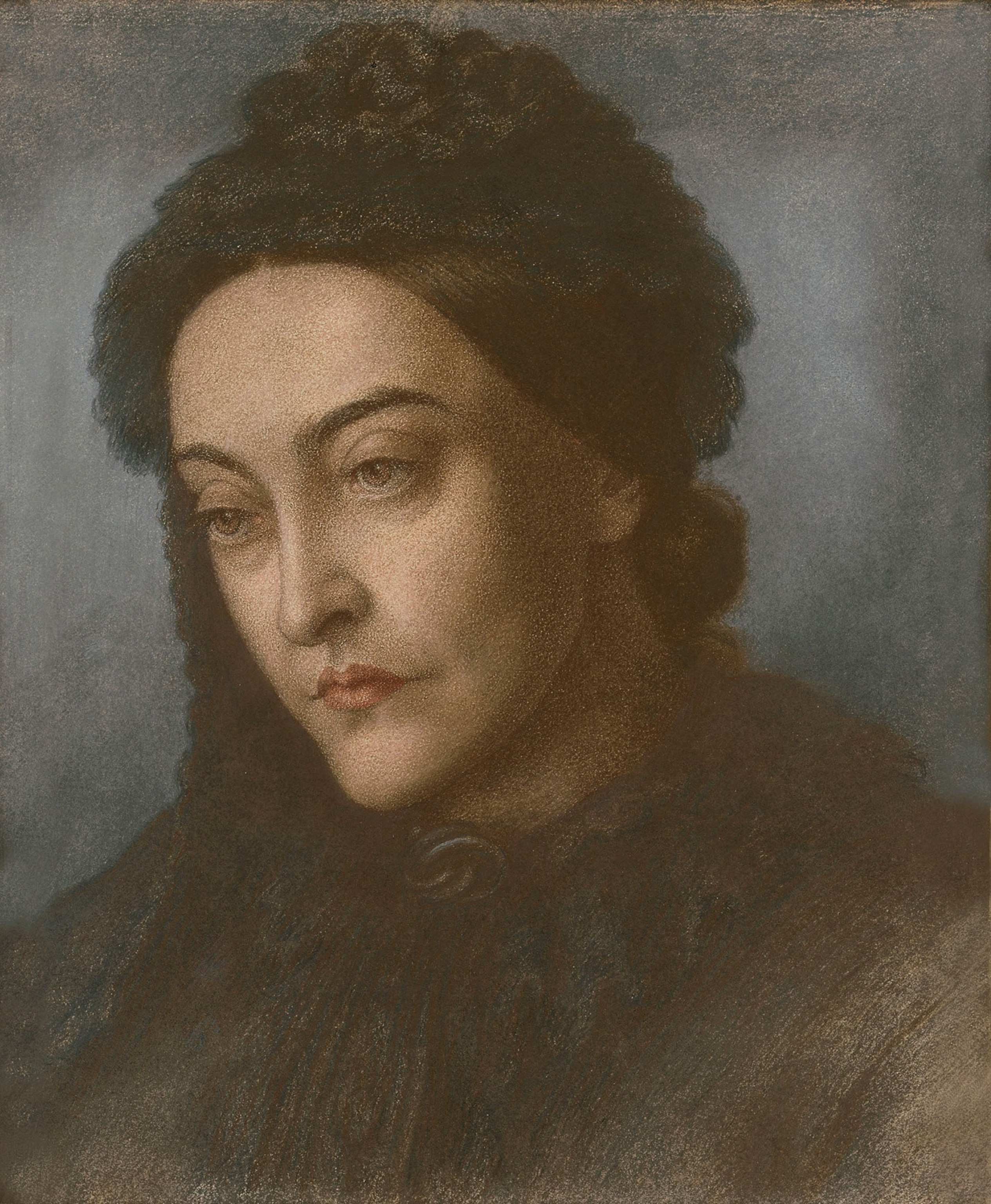 A colored portrait of a middle age woman from the 1800s, head and shoulders, turned three-quarters to the left