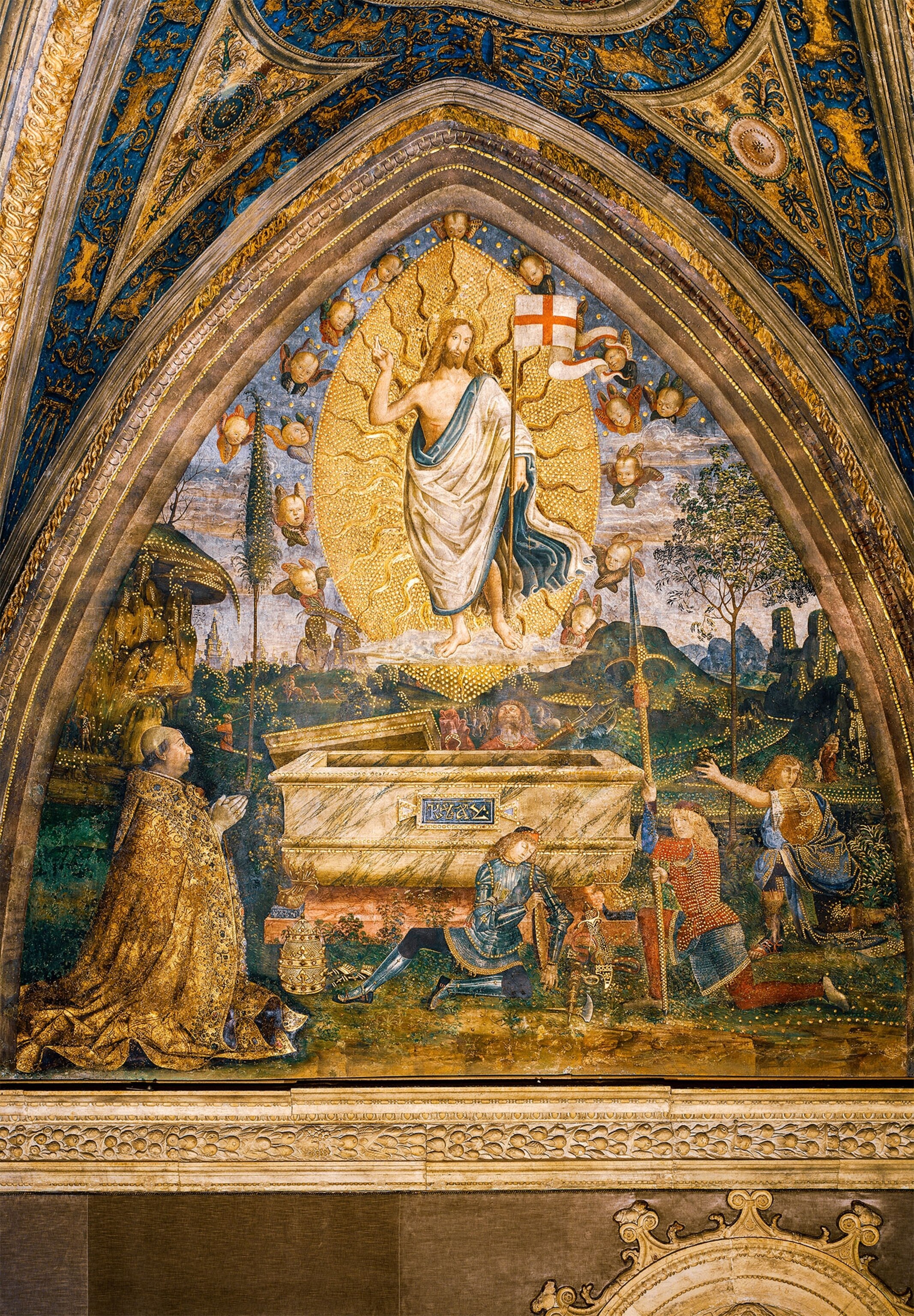 An extravagant fresco shows Pope Alexander VI (at lower left) contemplating the resurrected Christ, while his papal miter rests on the floor.