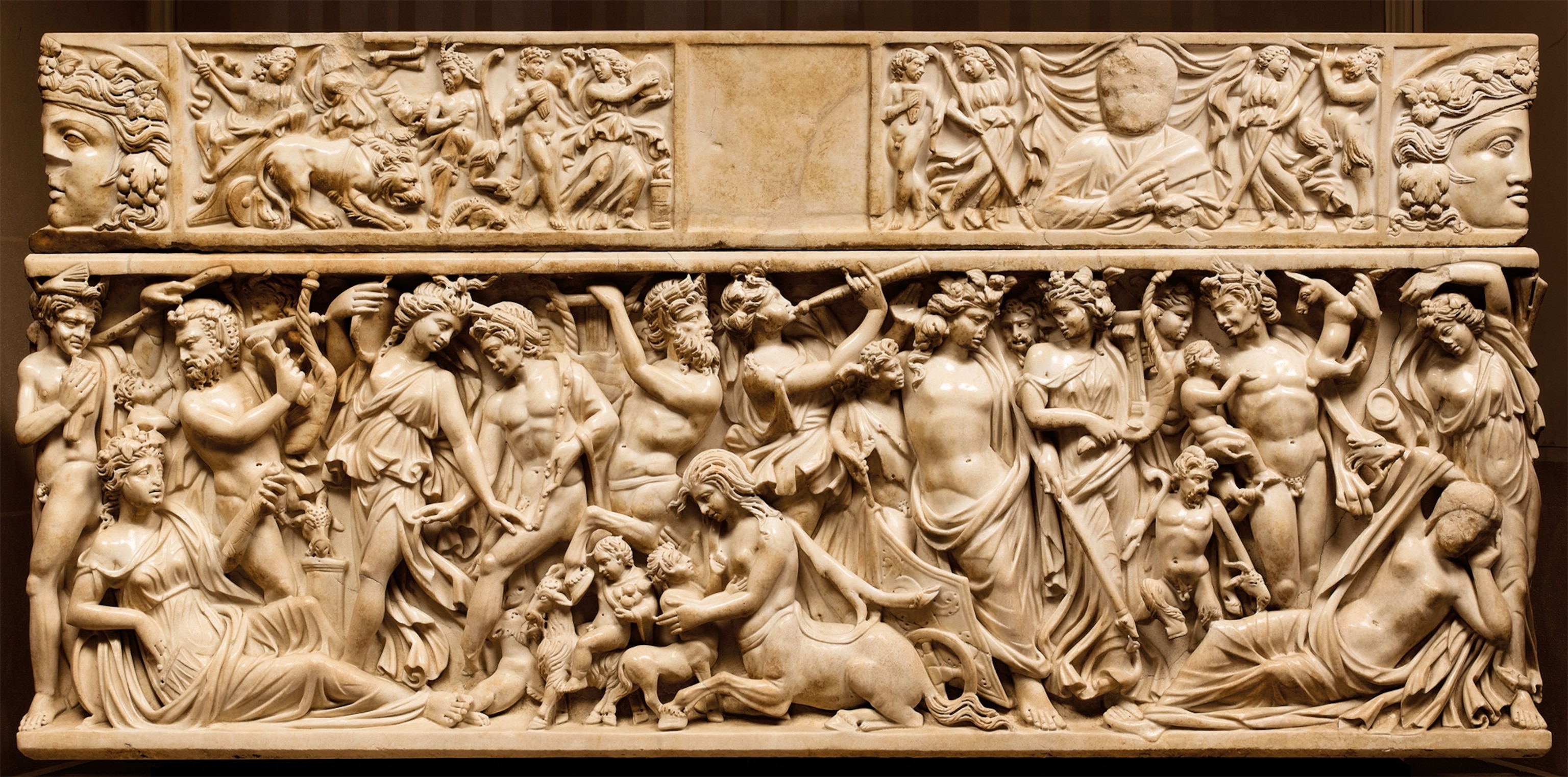 A Roman sarcophagus from the third century a.d. depicts Dionysus discovering the sleeping mortal princess Ariadne.