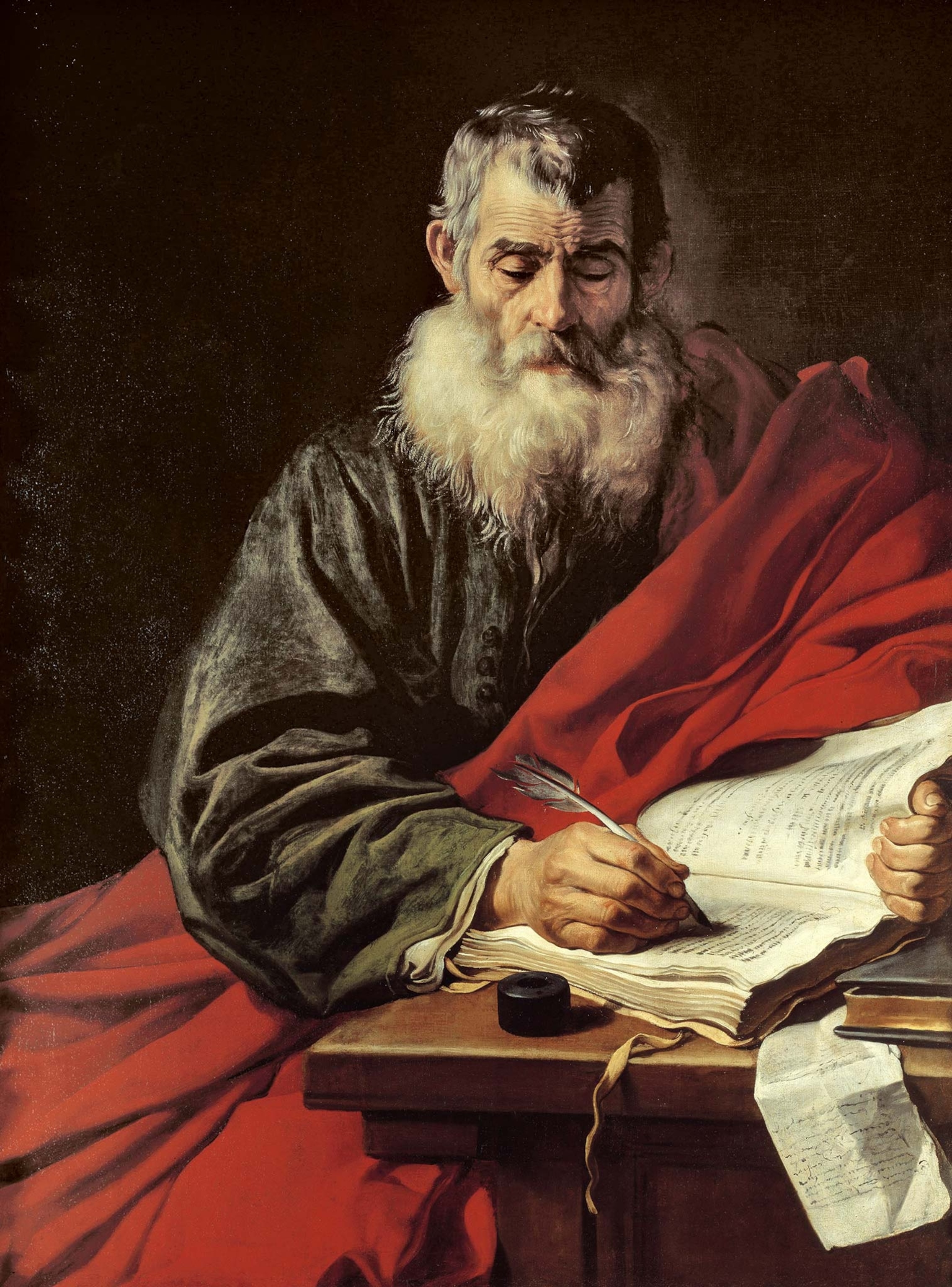 A painting shows Saint Paul with a white beard writing in his lap