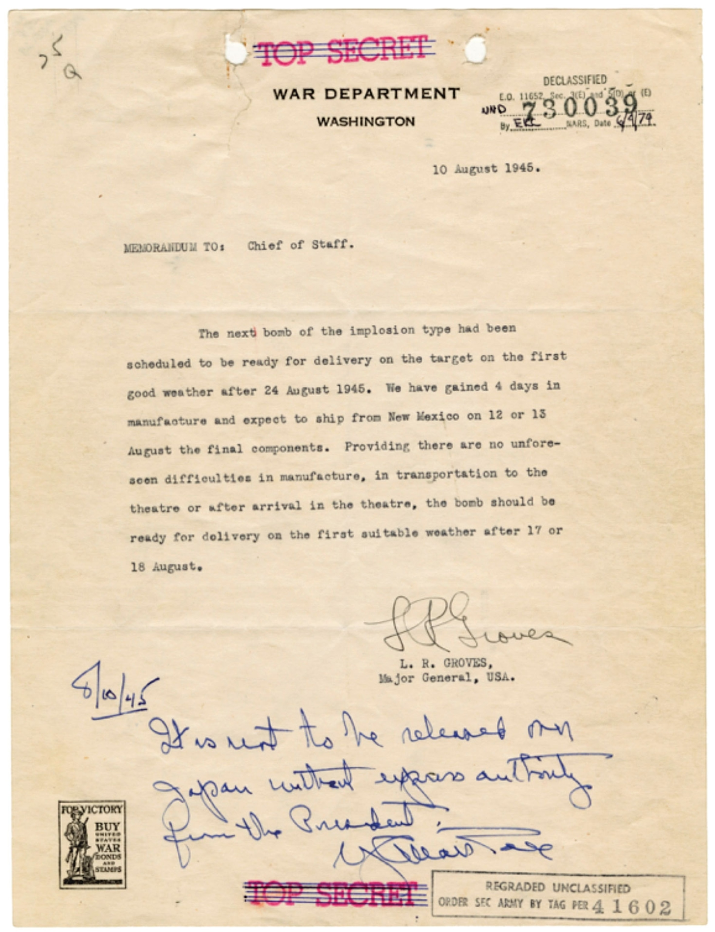 a top secret letter with blue handwriting on the bottom