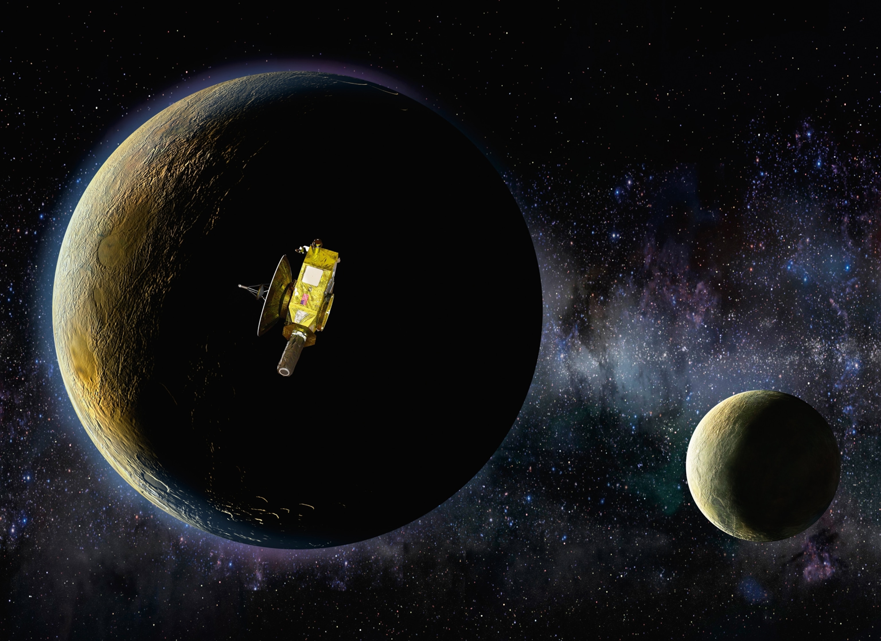 New Horizons spacecraft passing one of Pluto's moons Charon