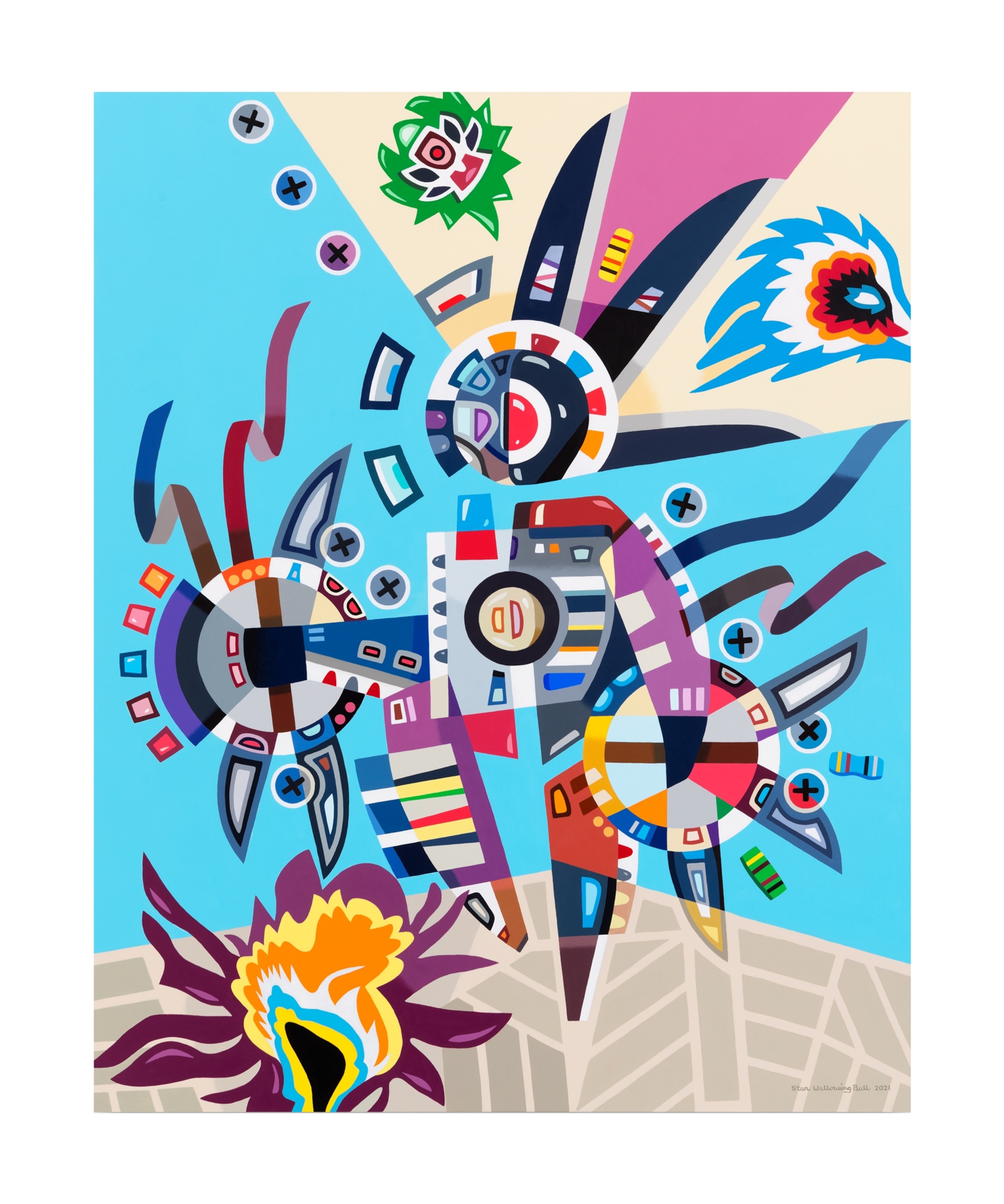 Festive combination of abstract figures of different shapes and colors.