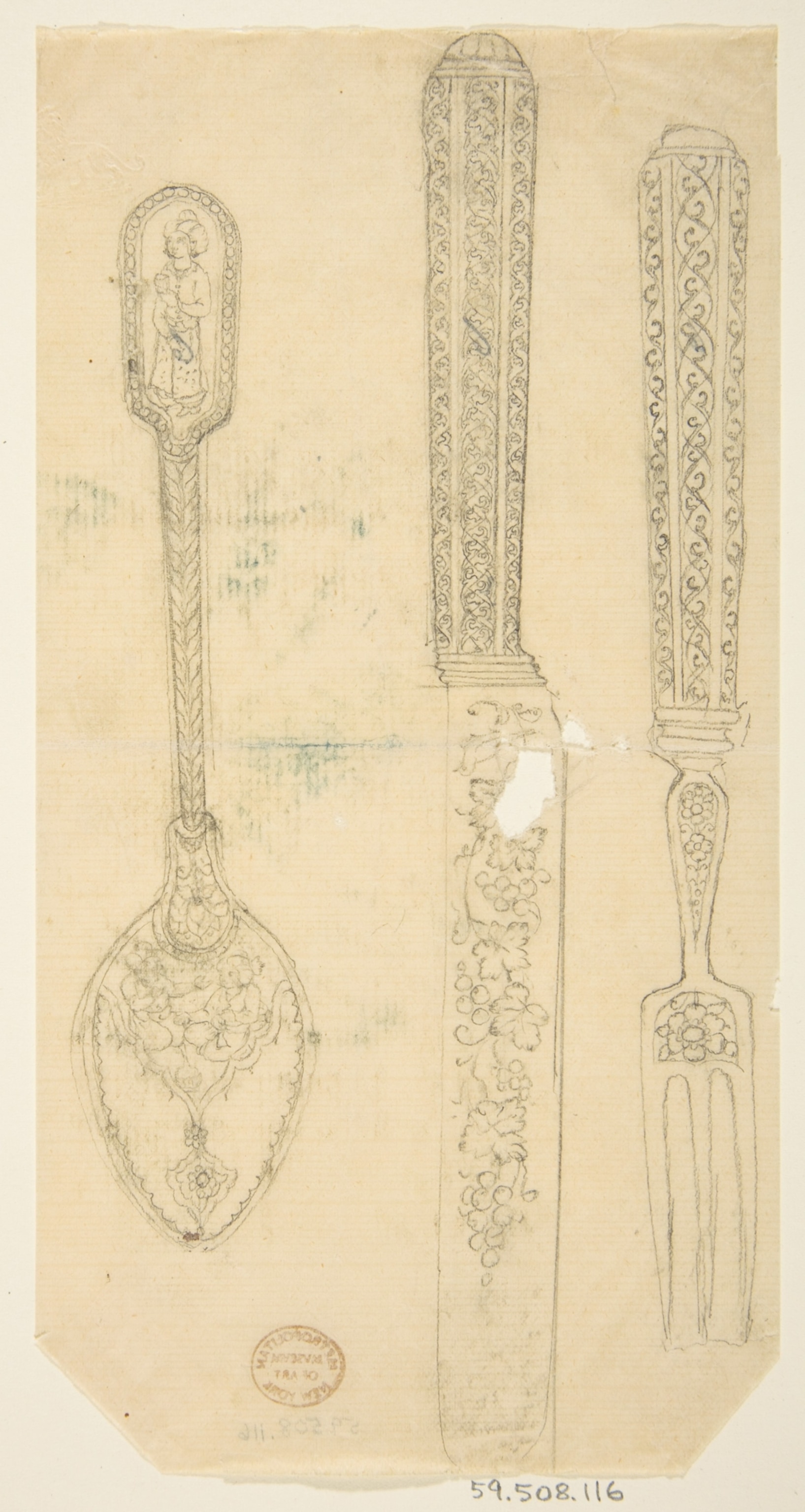 A paper drawing of detailed spoon fork and knife.
