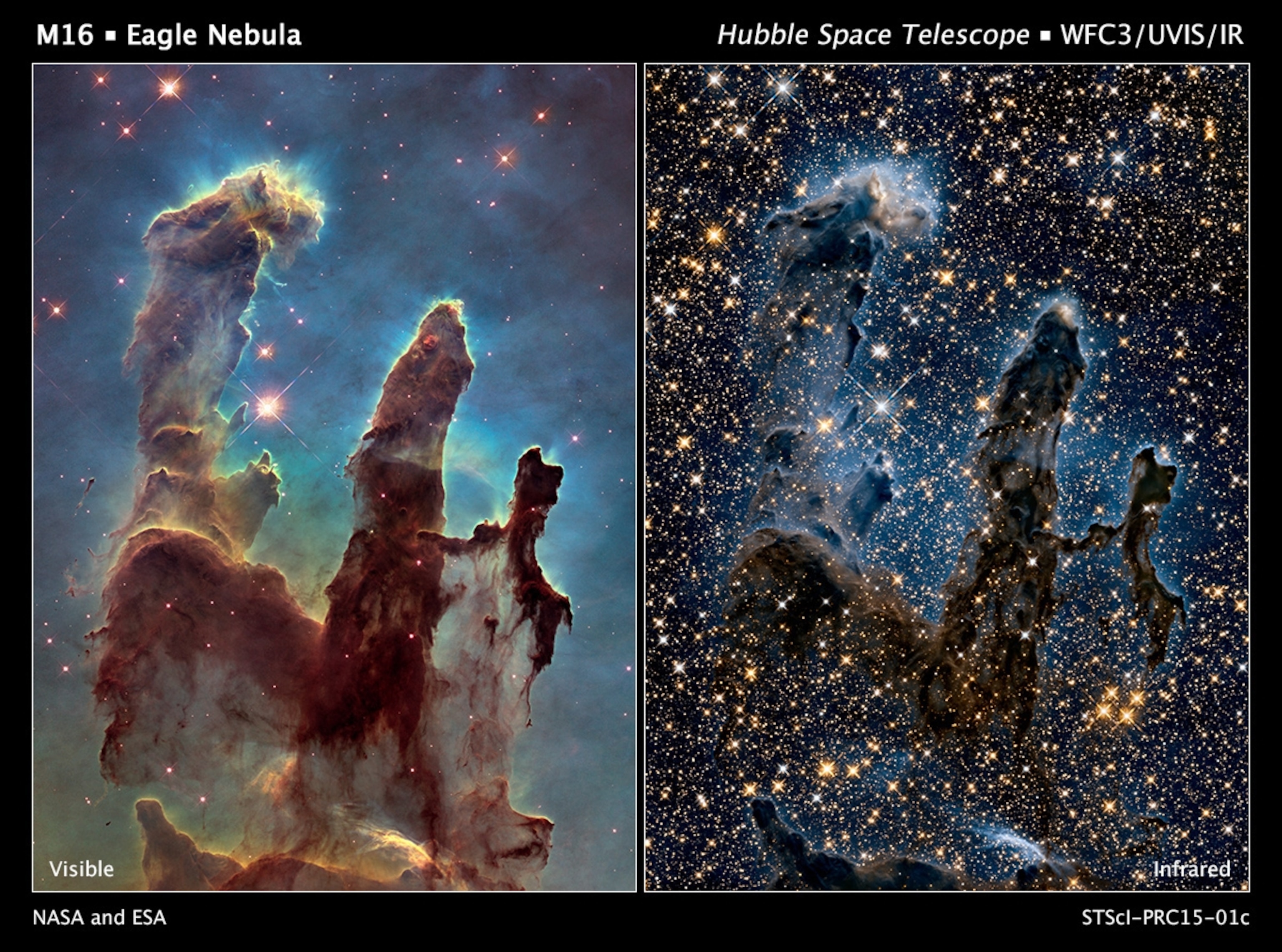Hubble's new view of the Eagle Nebula in both visible (left) and infrared (right). (NASA/ESA/Hubble Heritage Team)
