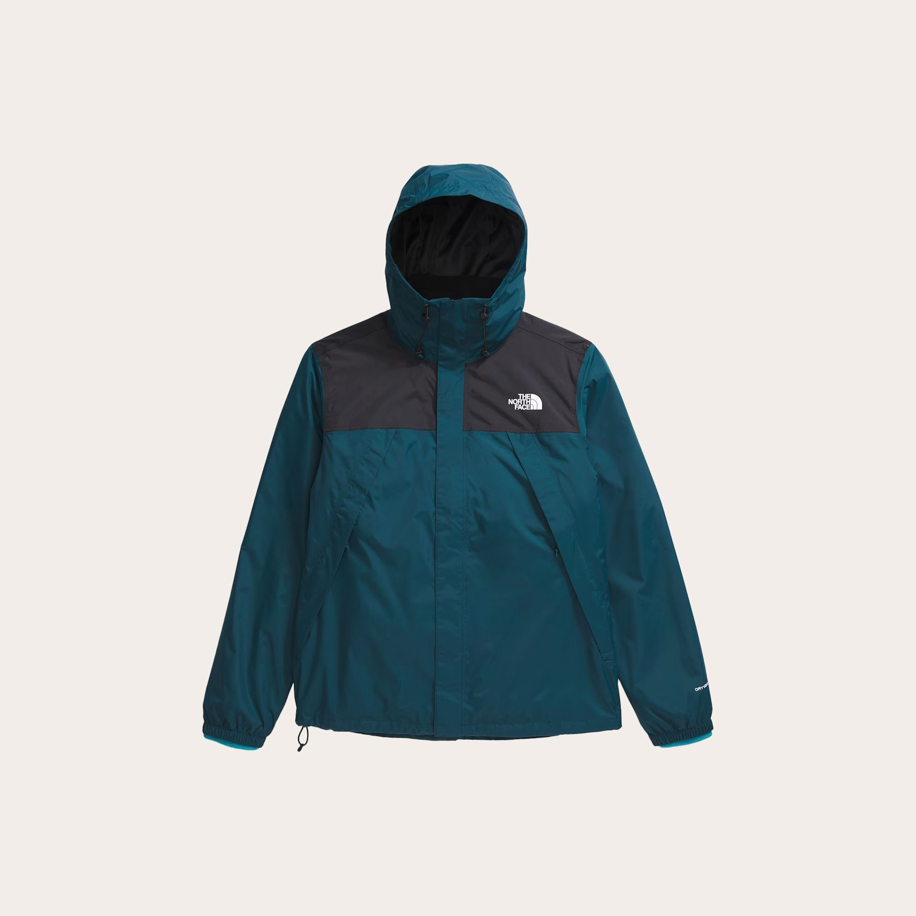 Dark blue and black rain jacket.