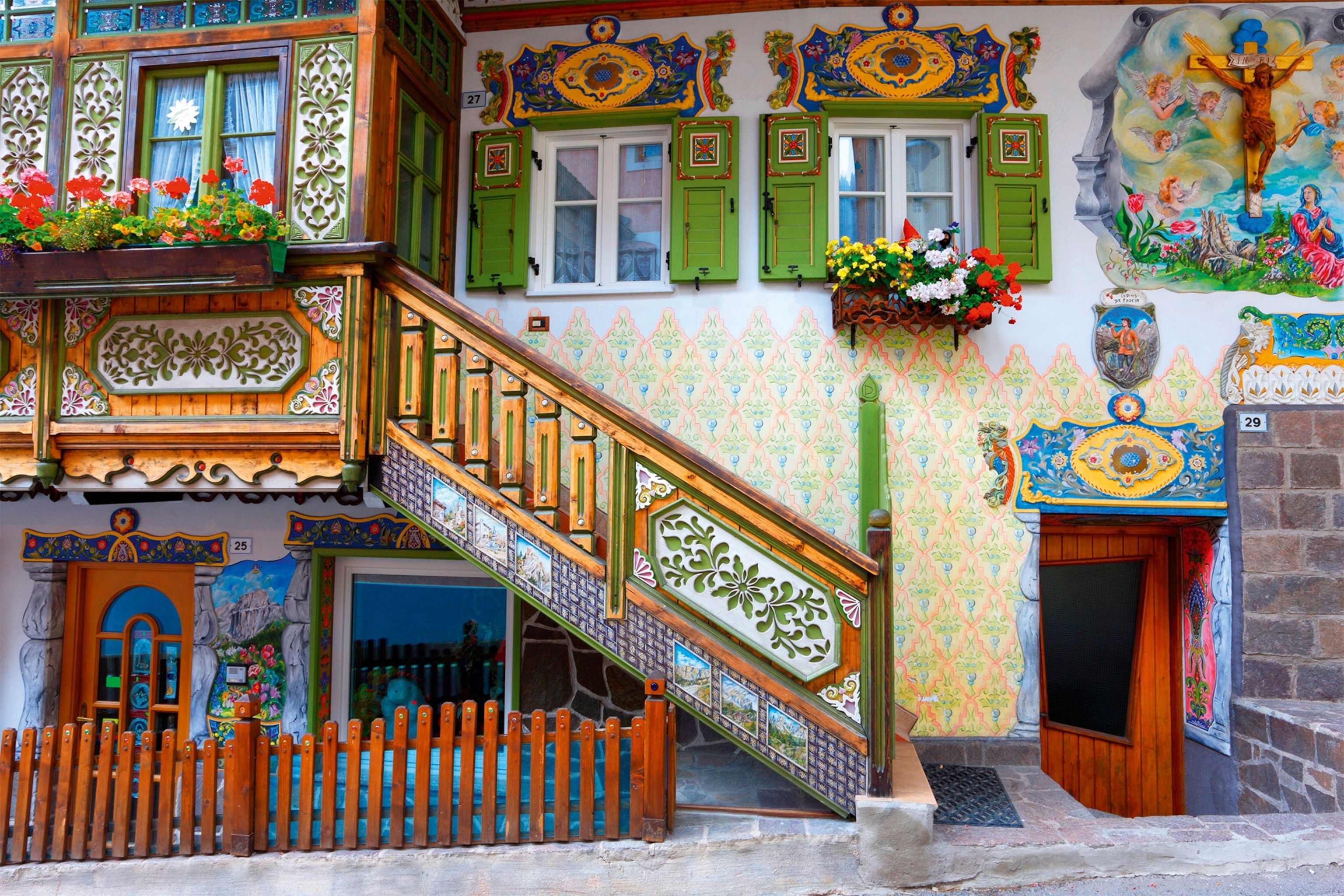 Traditional Ladin houses in the historical centre of Canazei.